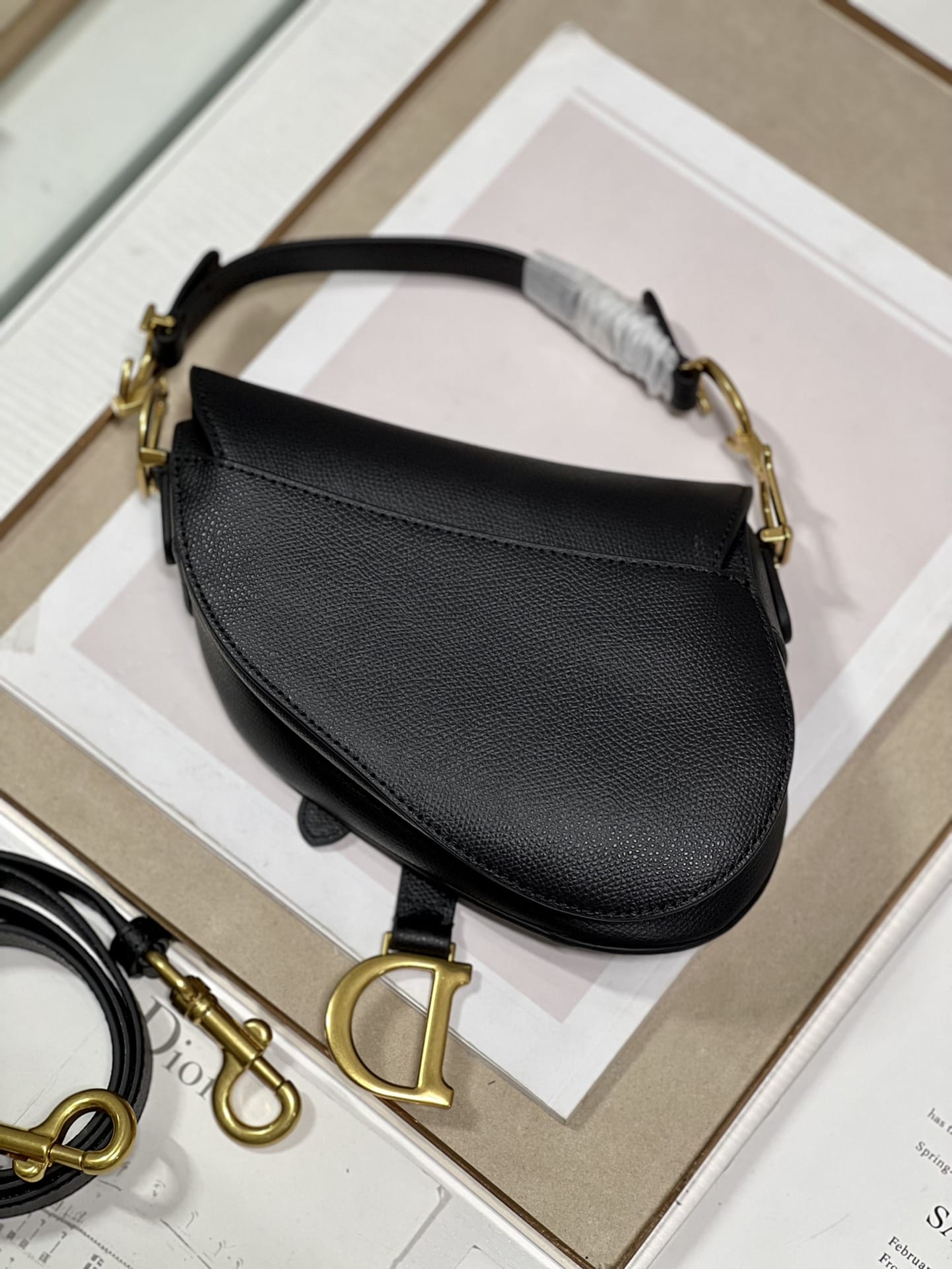 Dior Mini Saddle Bag with Strap in Grained Calfskin - Black