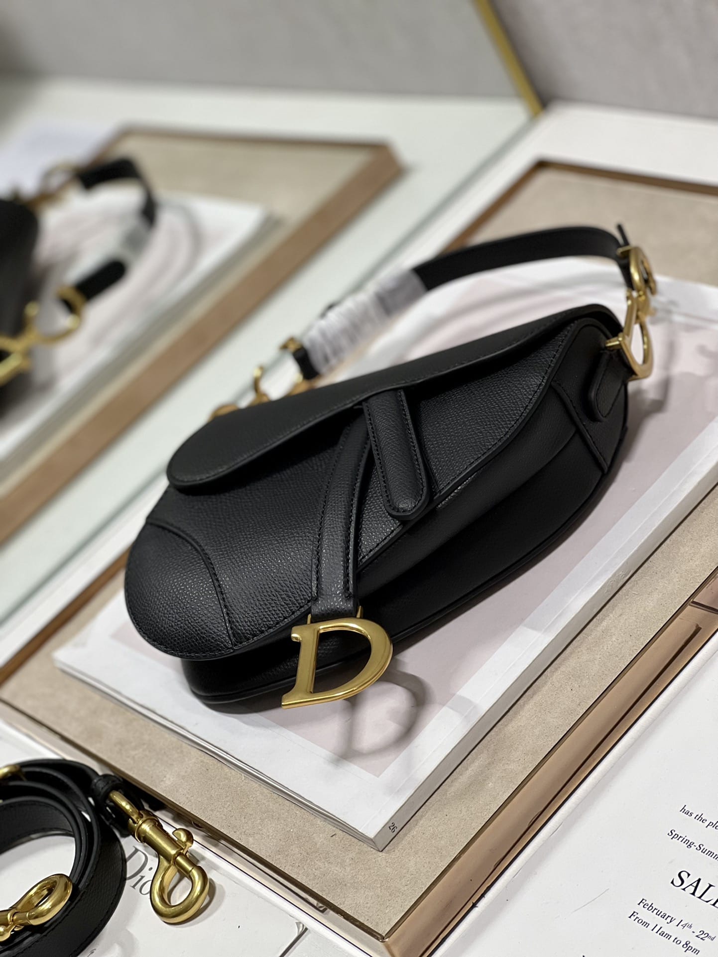 Dior Mini Saddle Bag with Strap in Grained Calfskin - Black