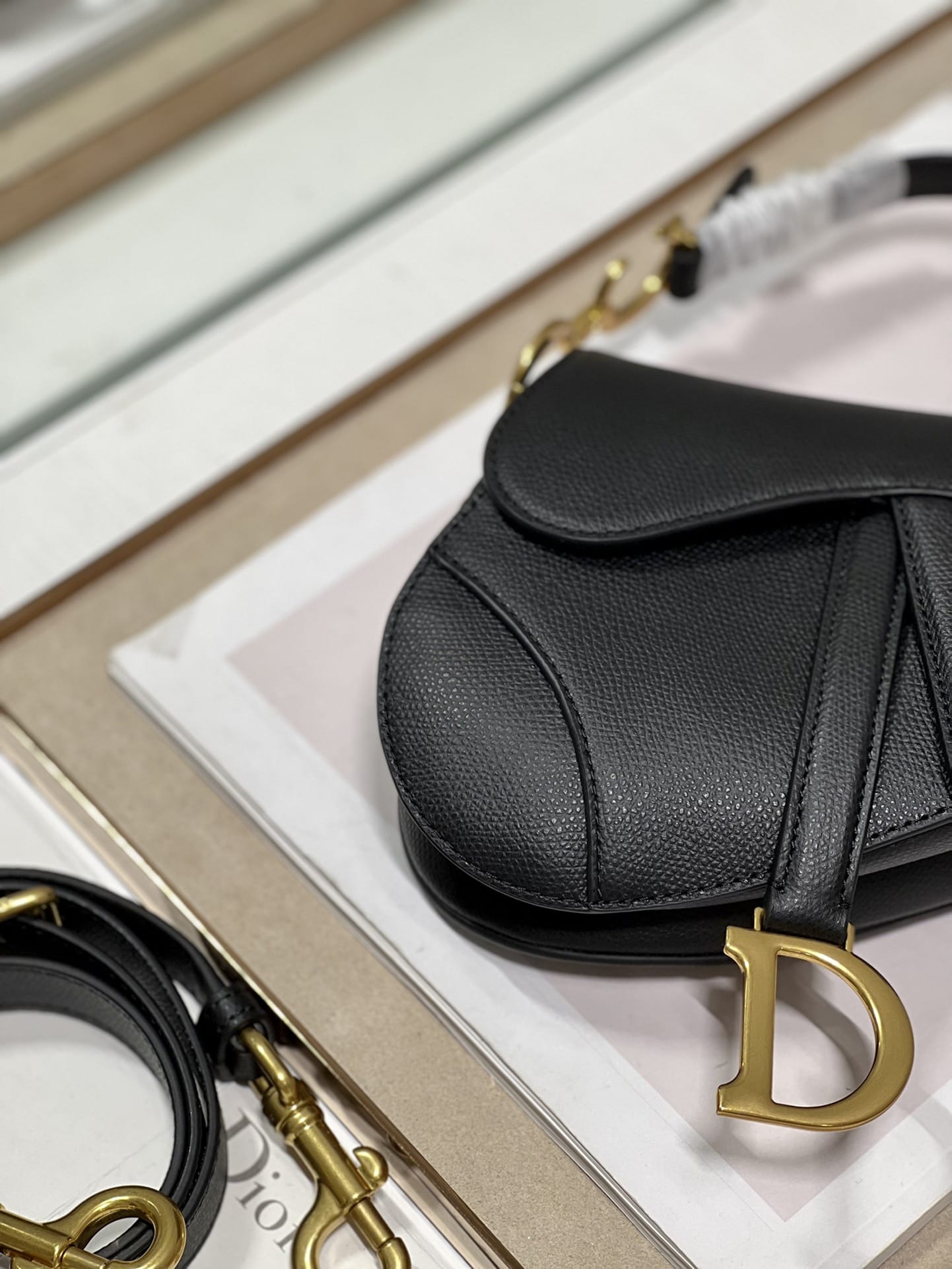 Dior Mini Saddle Bag with Strap in Grained Calfskin - Black