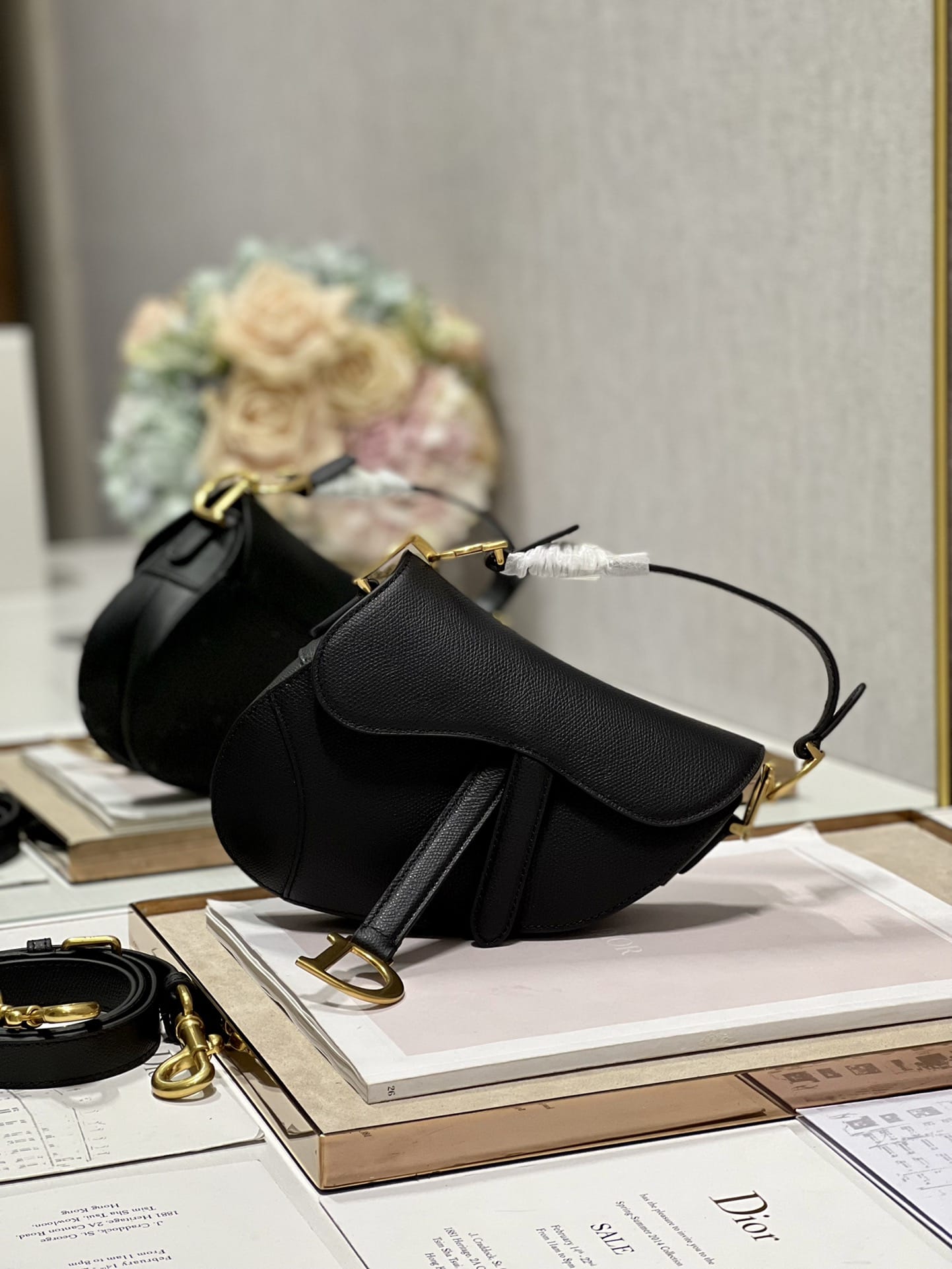 Dior Mini Saddle Bag with Strap in Grained Calfskin - Black