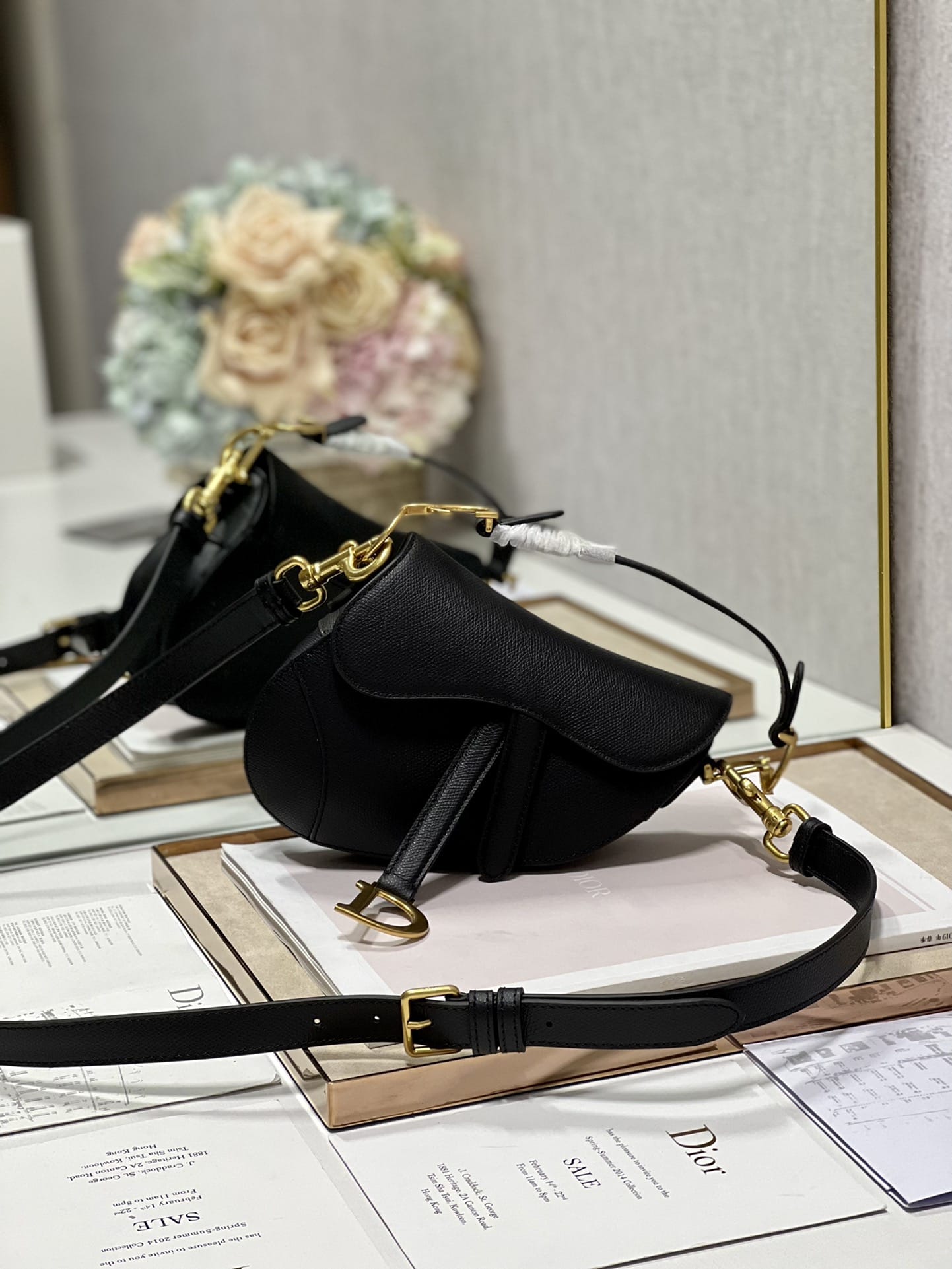 Dior Mini Saddle Bag with Strap in Grained Calfskin - Black