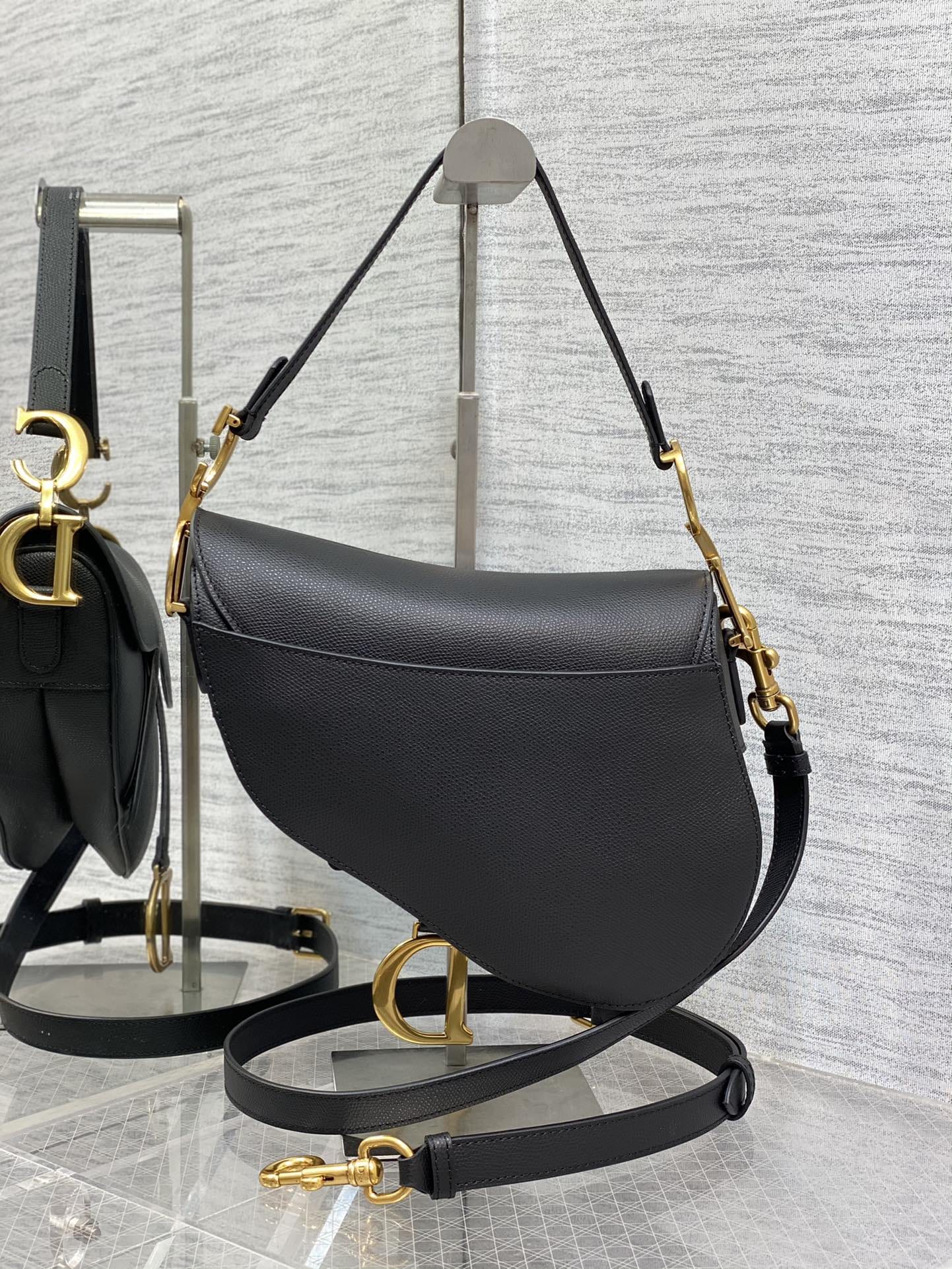 Dior Saddle Bag with Strap in Grained Calfskin - Black