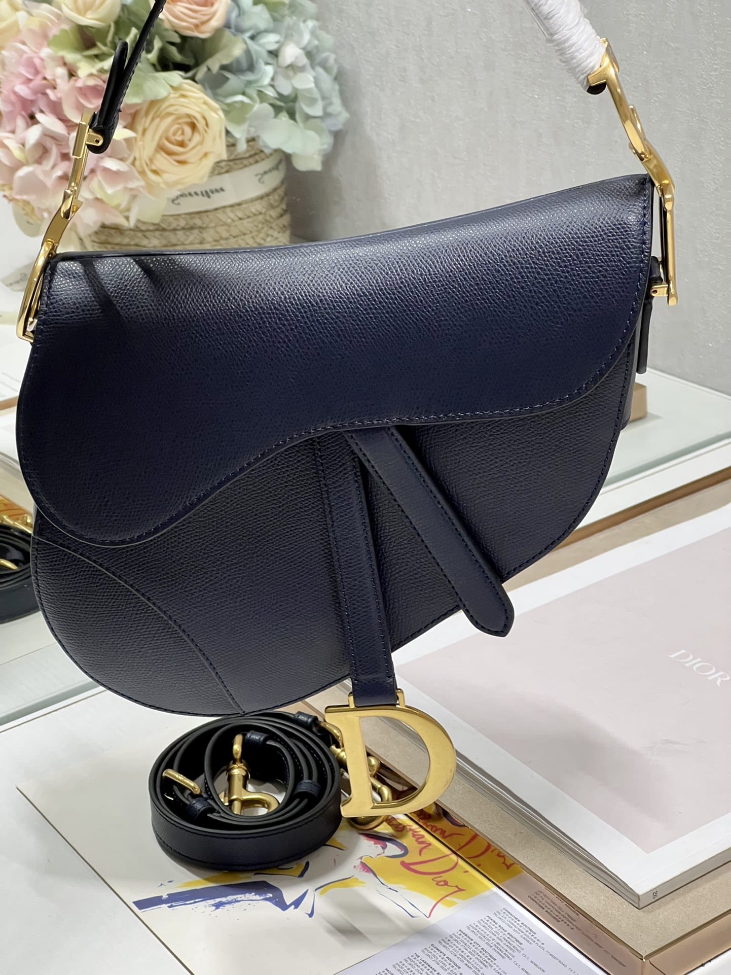 Dior Saddle Bag with Strap in Grained Calfskin - Deep Ocean Blue