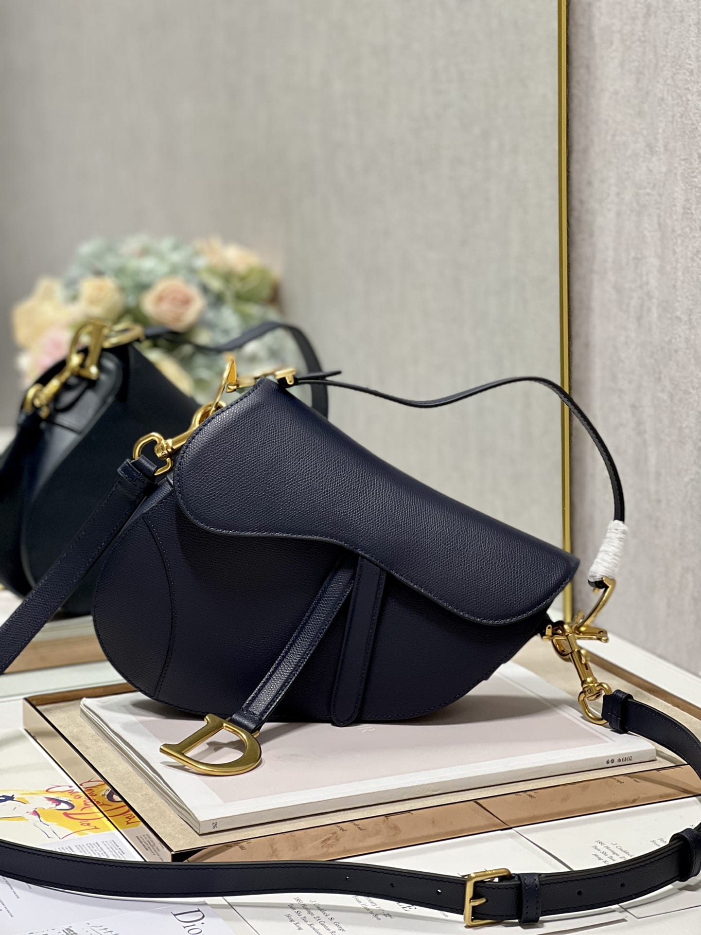 Dior Saddle Bag with Strap in Grained Calfskin - Deep Ocean Blue