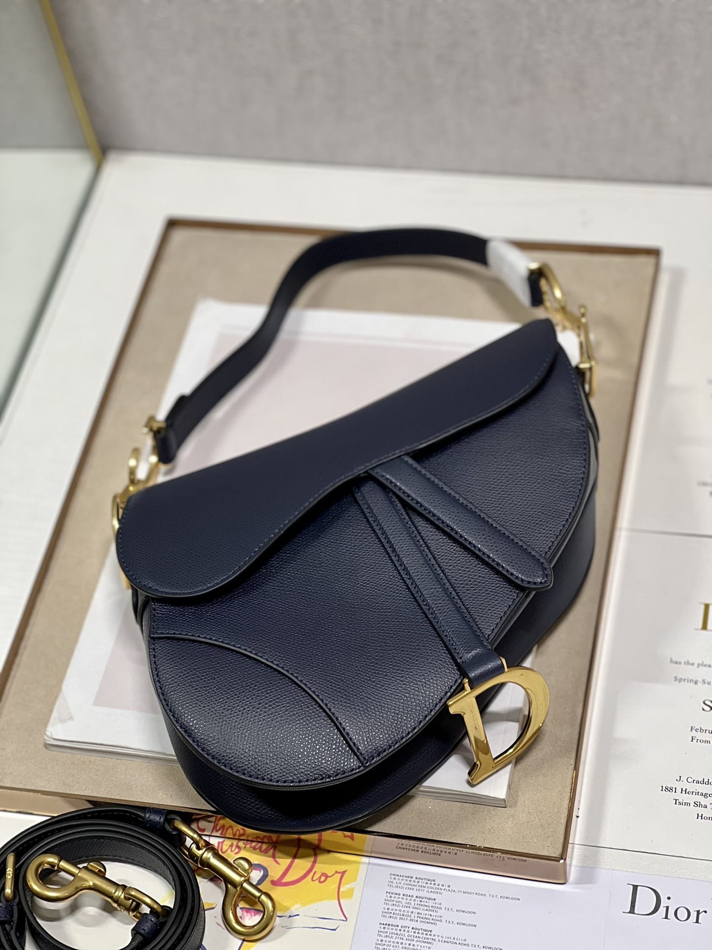 Dior Saddle Bag with Strap in Grained Calfskin - Deep Ocean Blue