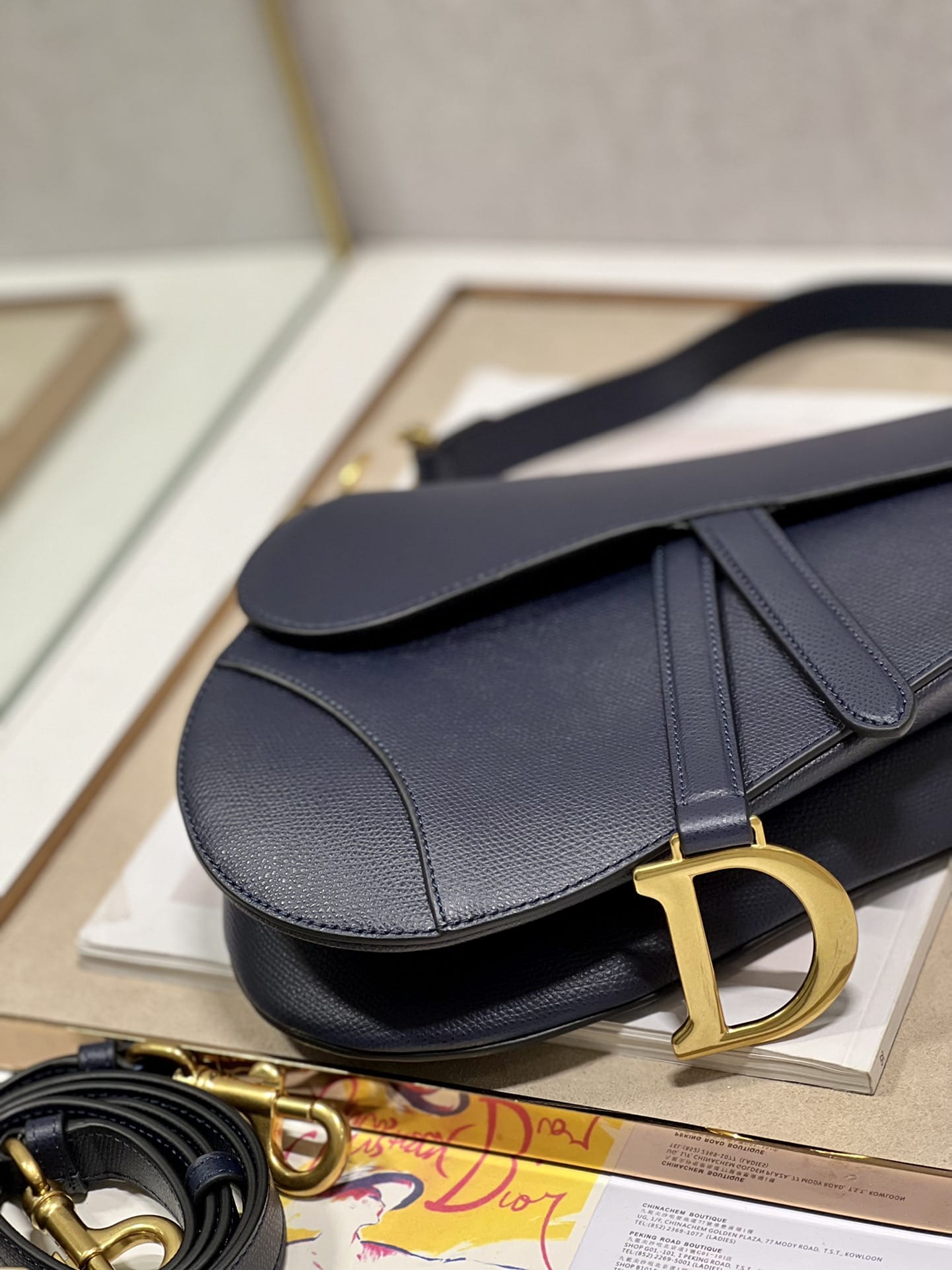 Dior Saddle Bag with Strap in Grained Calfskin - Deep Ocean Blue