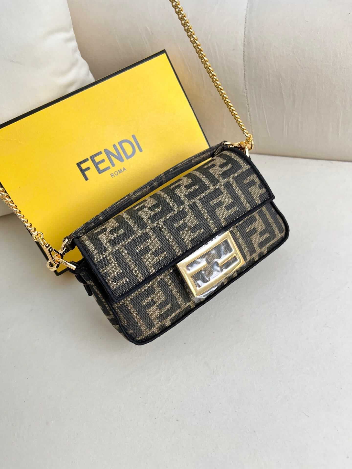 FENDI TIMELESS Baguette Mini Brown FF Jacquard Fabric Bag