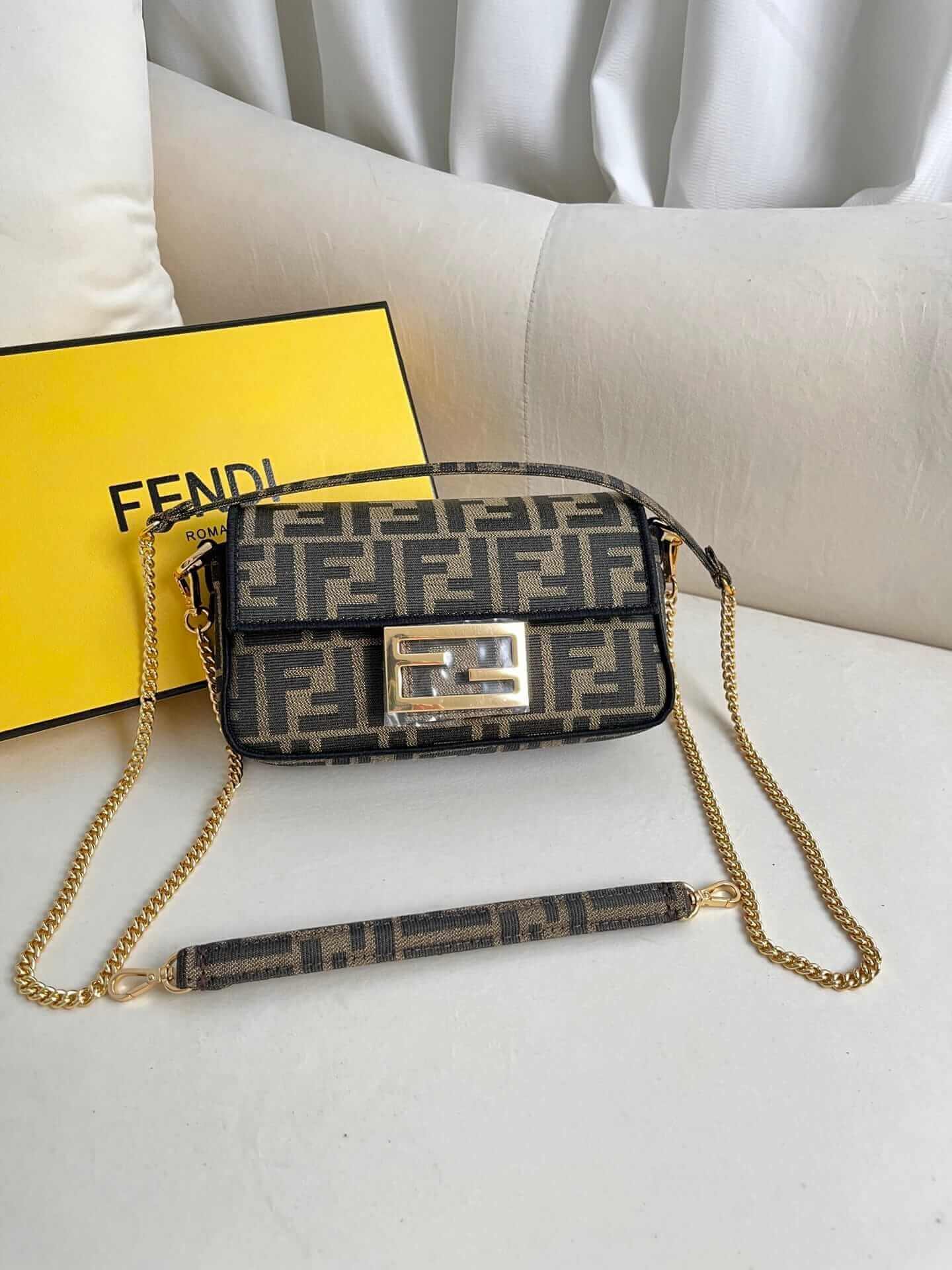 FENDI TIMELESS Baguette Mini Brown FF Jacquard Fabric Bag