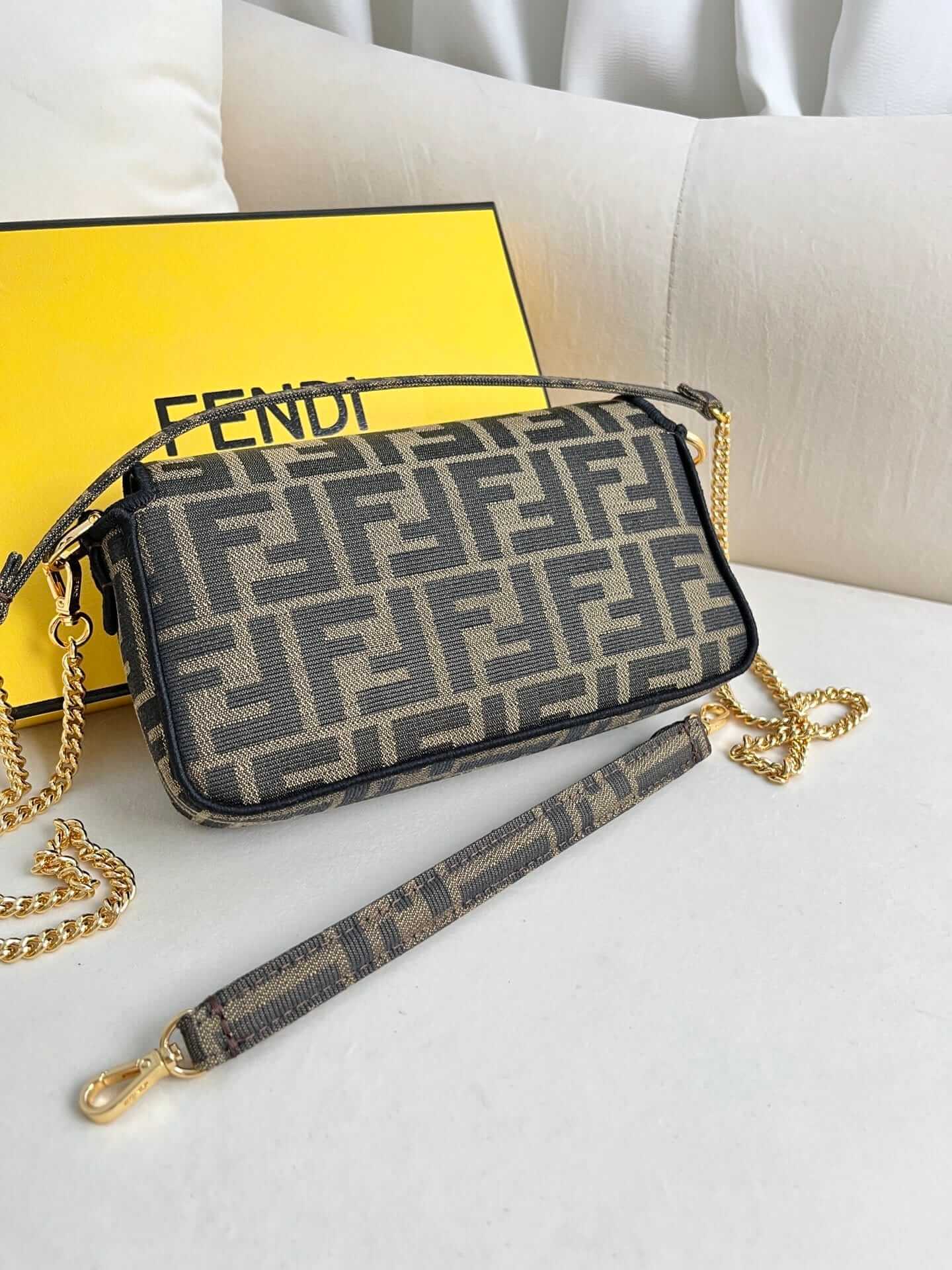 FENDI TIMELESS Baguette Mini Brown FF Jacquard Fabric Bag