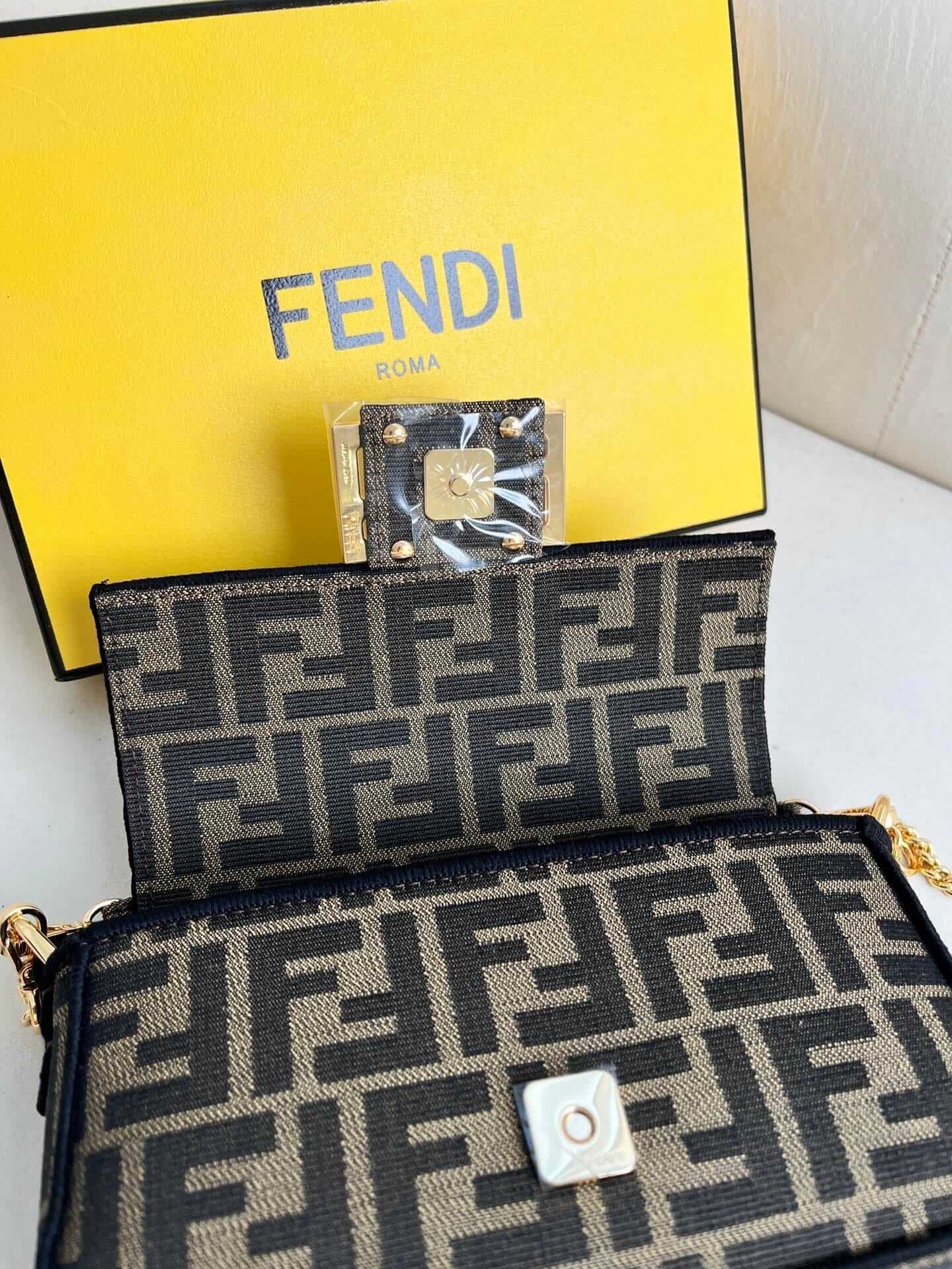 FENDI TIMELESS Baguette Mini Brown FF Jacquard Fabric Bag