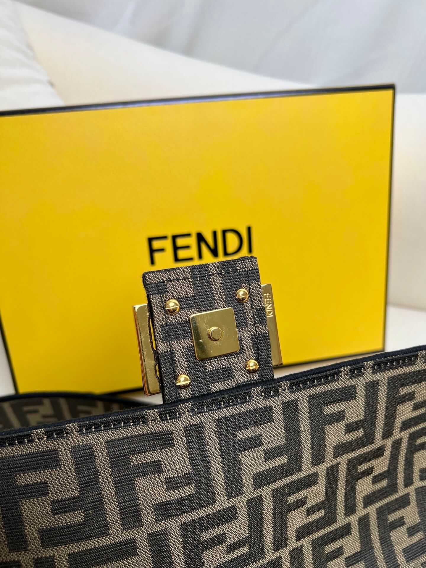 FENDI TIMELESS Baguette Brown FF Jacquard Fabric Bag