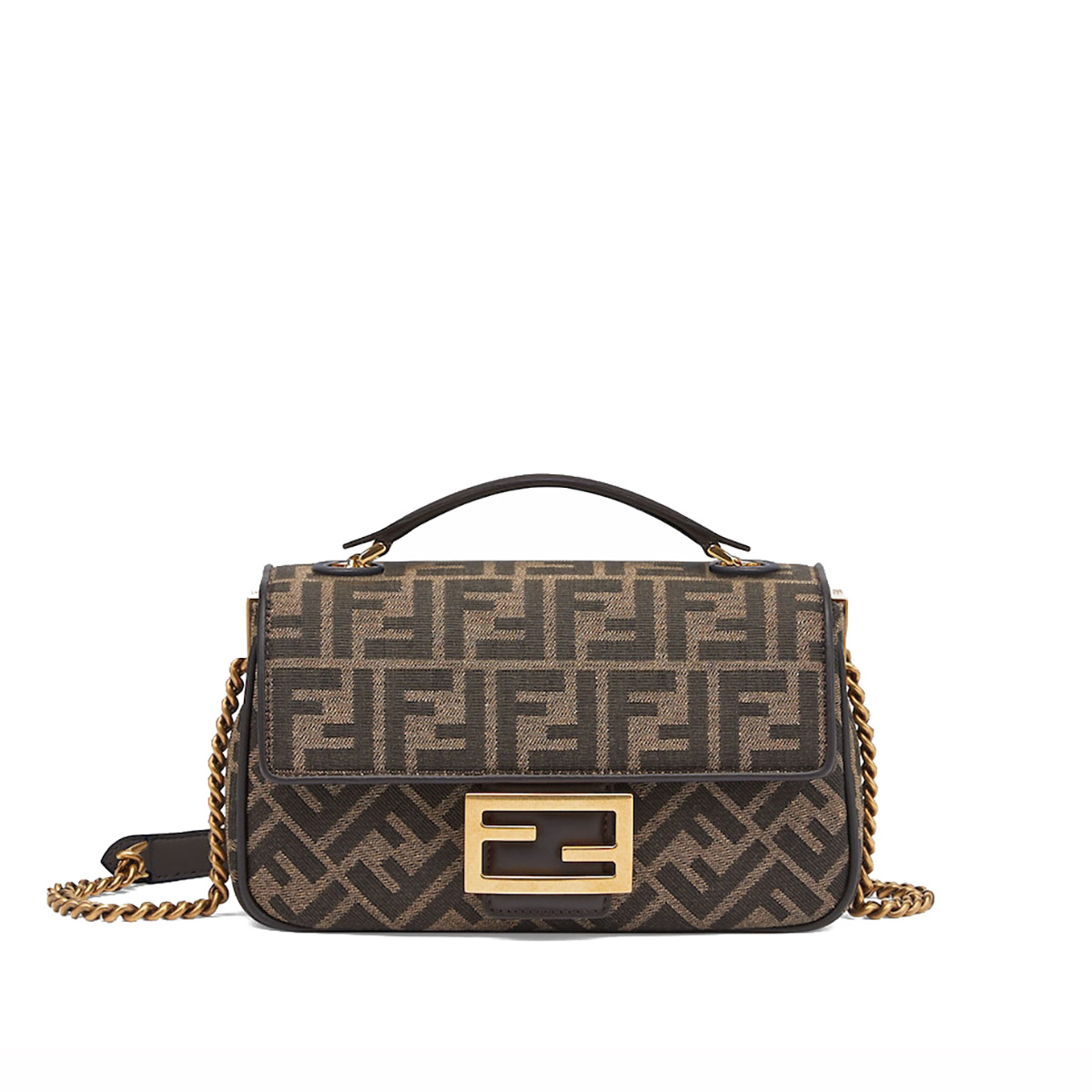 FENDI TIMELESS Baguette Chain Midi Brown FF Jacquard Fabric Bag