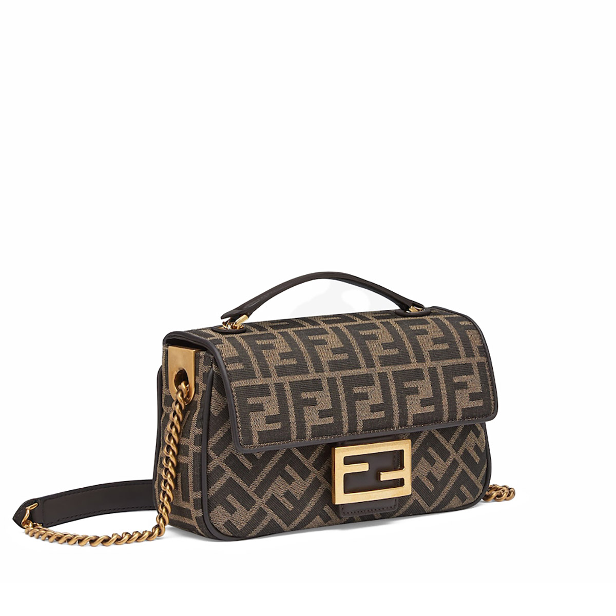 FENDI TIMELESS Baguette Chain Midi Brown FF Jacquard Fabric Bag