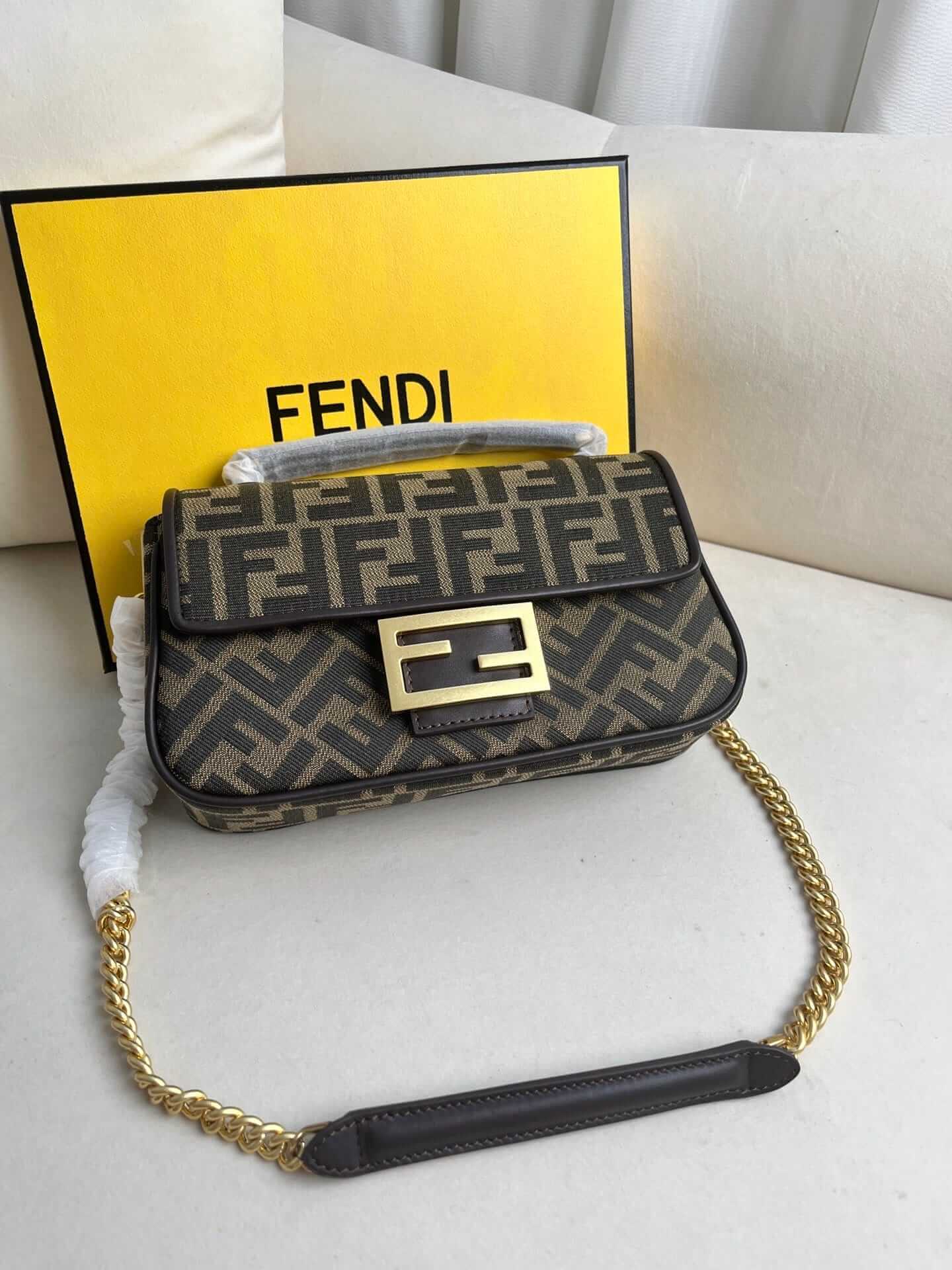 FENDI TIMELESS Baguette Chain Midi Brown FF Jacquard Fabric Bag