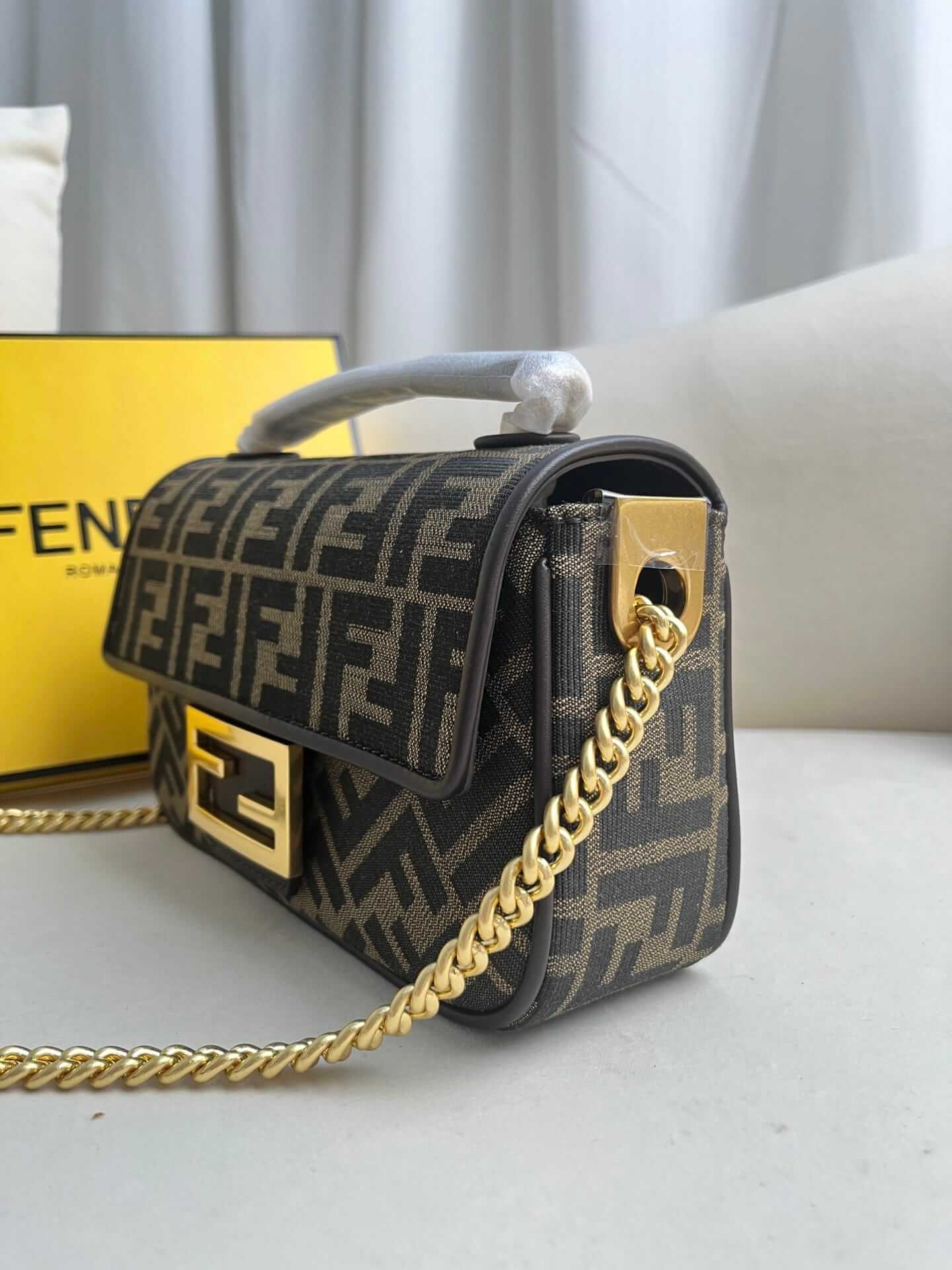 FENDI TIMELESS Baguette Chain Midi Brown FF Jacquard Fabric Bag