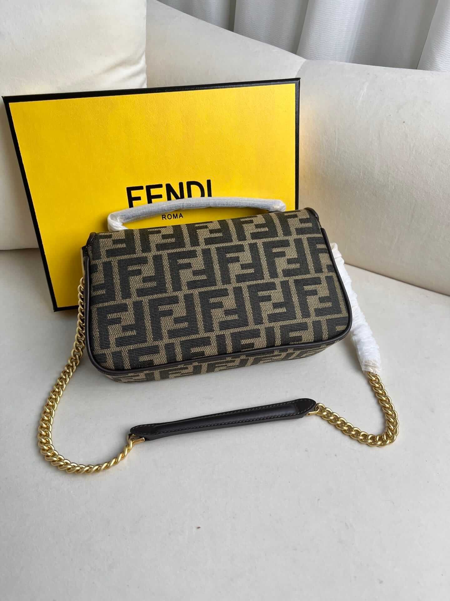 FENDI TIMELESS Baguette Chain Midi Brown FF Jacquard Fabric Bag