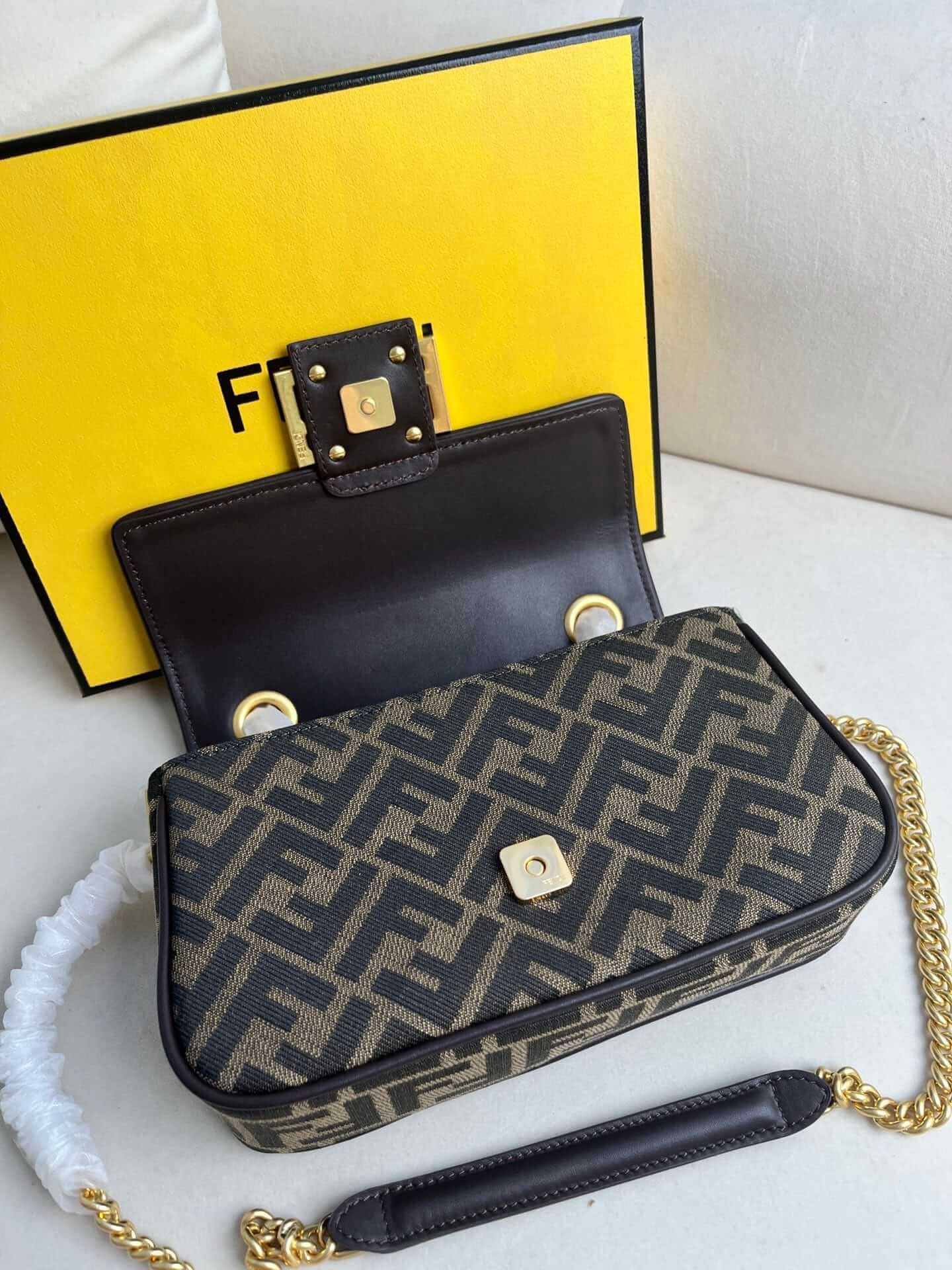 FENDI TIMELESS Baguette Chain Midi Brown FF Jacquard Fabric Bag