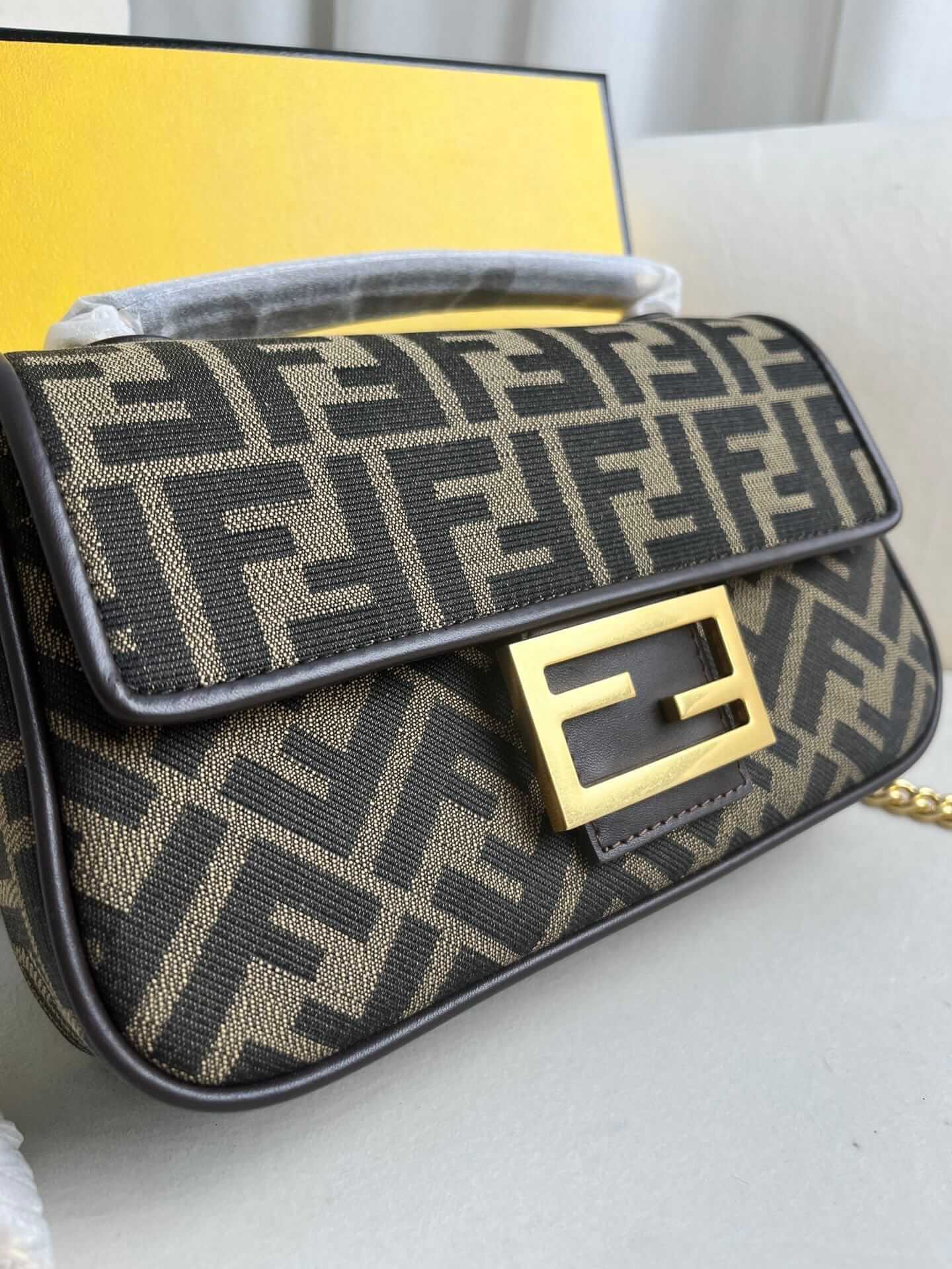 FENDI TIMELESS Baguette Chain Midi Brown FF Jacquard Fabric Bag