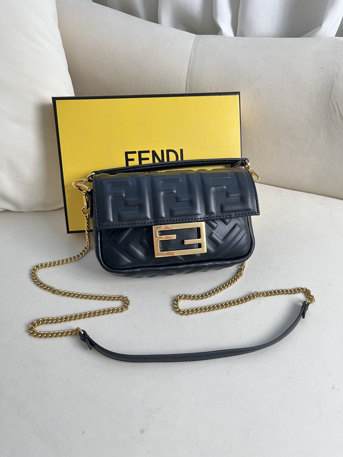 FENDI TIMELESS Baguette Mini Black Nappa Leather Bag With FF Motif