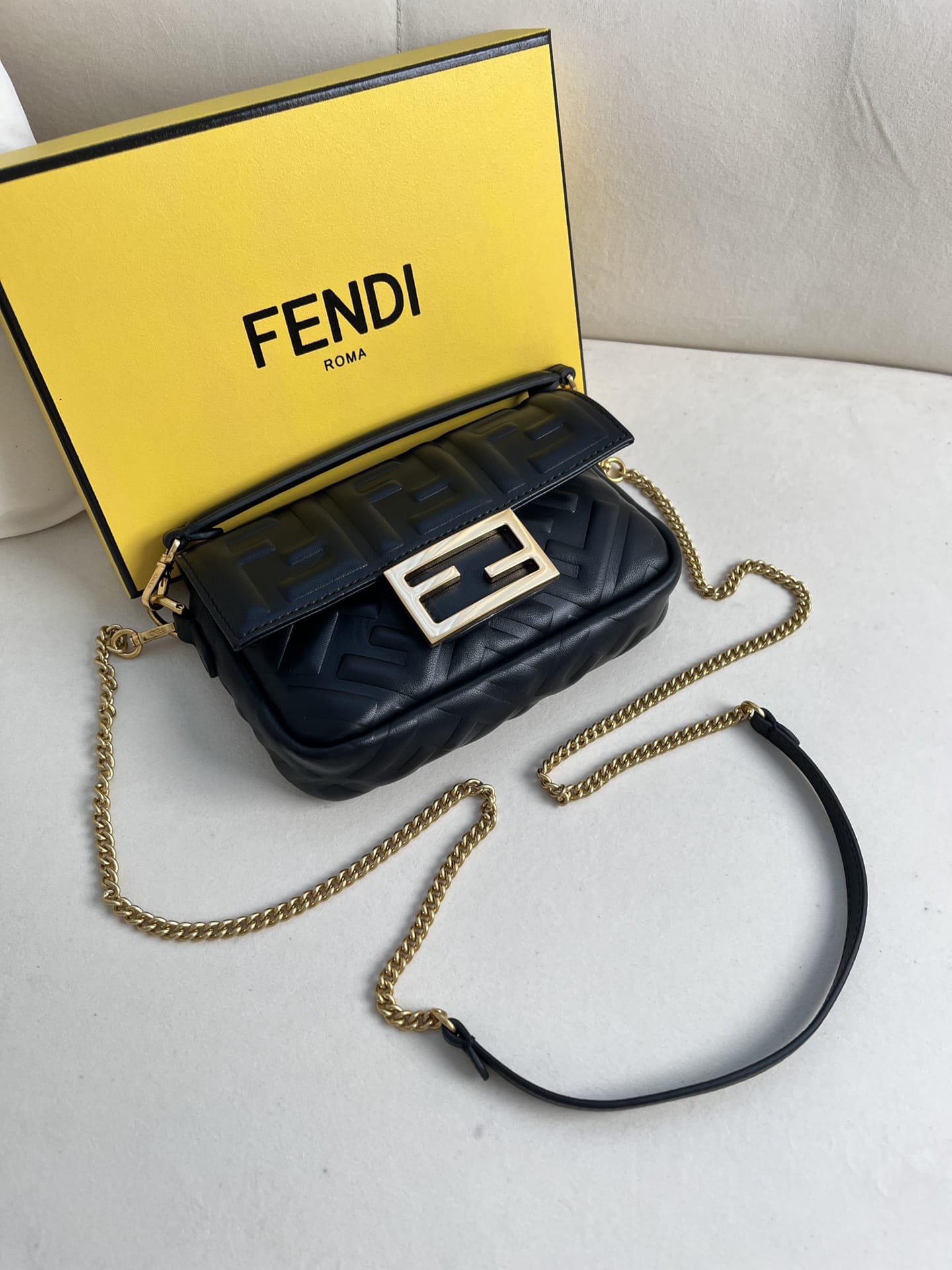 FENDI TIMELESS Baguette Mini Black Nappa Leather Bag With FF Motif