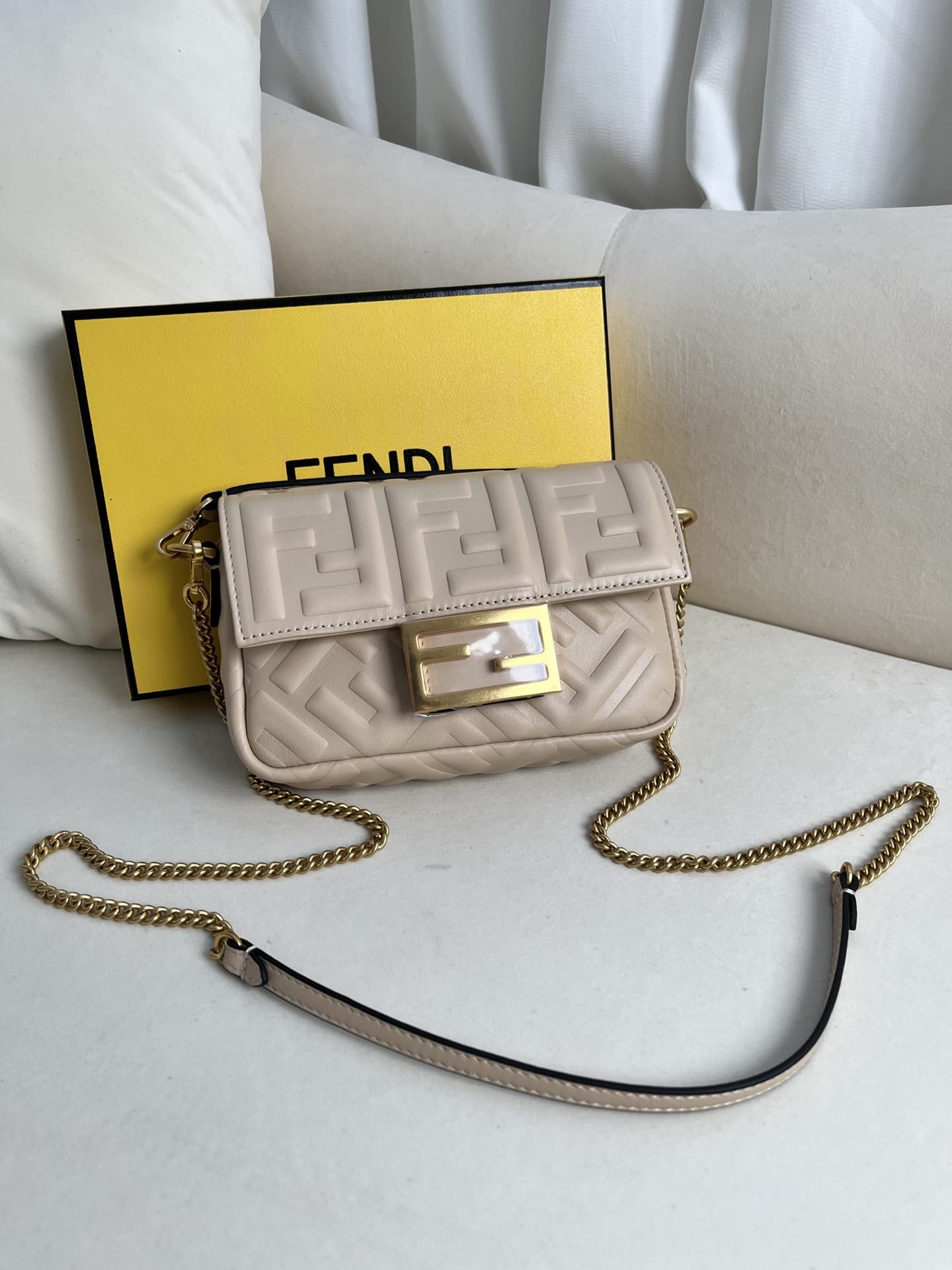 FENDI TIMELESS Baguette Mini Dove Gray Nappa Leather Bag With FF Motif