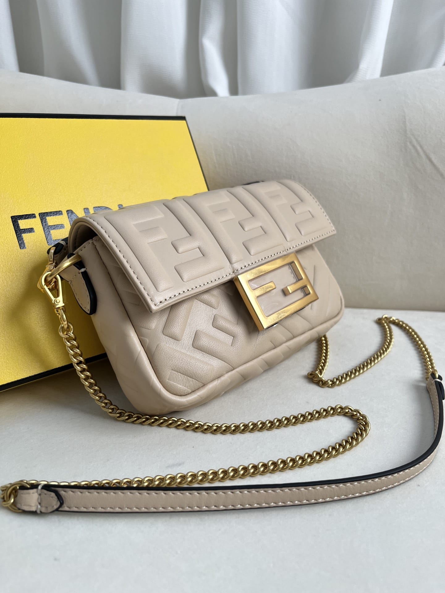 FENDI TIMELESS Baguette Mini Dove Gray Nappa Leather Bag With FF Motif