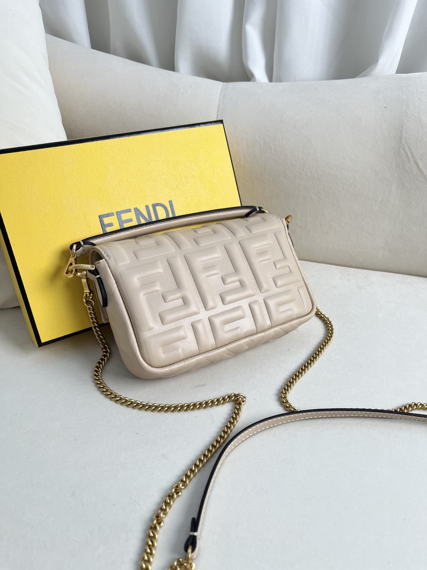 FENDI TIMELESS Baguette Mini Dove Gray Nappa Leather Bag With FF Motif