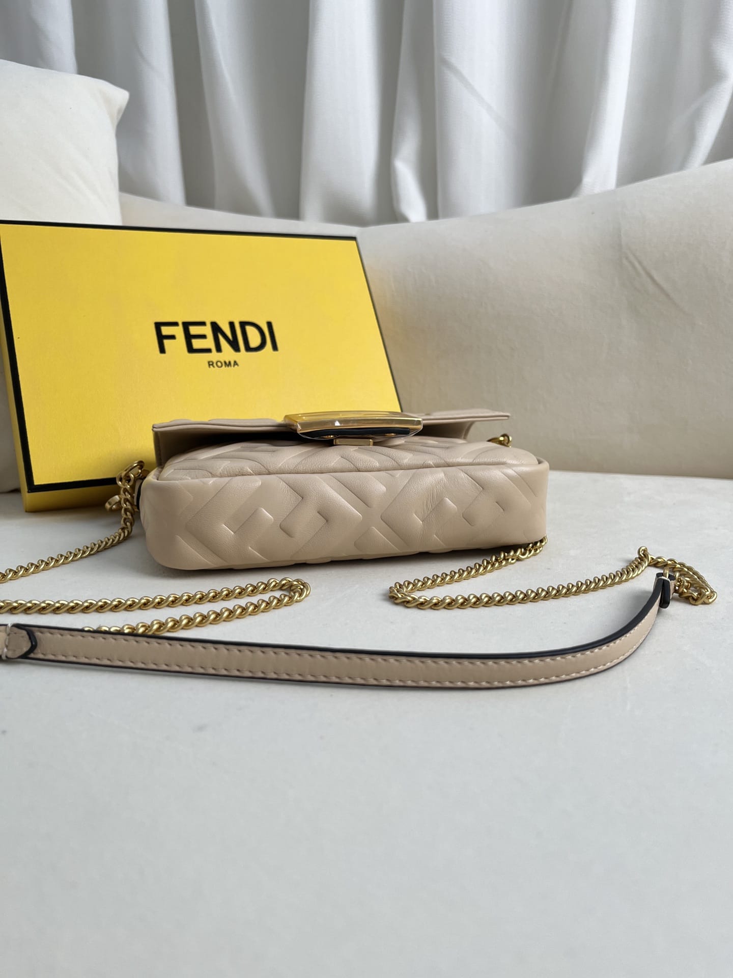 FENDI TIMELESS Baguette Mini Dove Gray Nappa Leather Bag With FF Motif