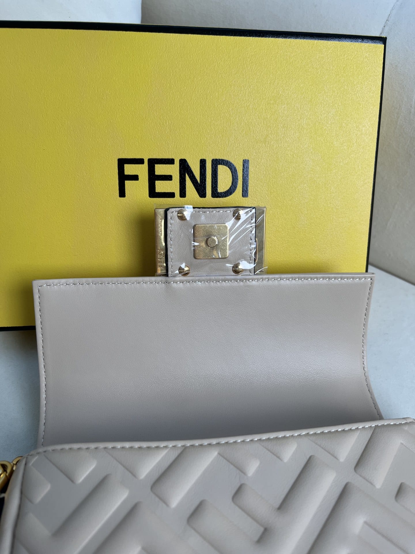 FENDI TIMELESS Baguette Mini Dove Gray Nappa Leather Bag With FF Motif