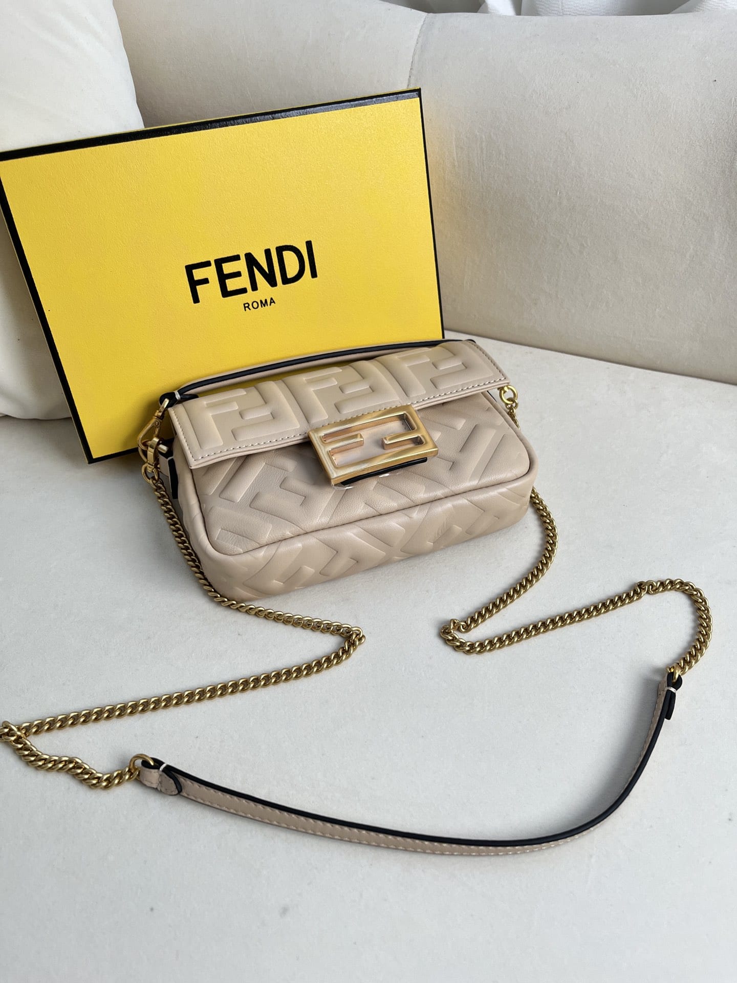 FENDI TIMELESS Baguette Mini Dove Gray Nappa Leather Bag With FF Motif