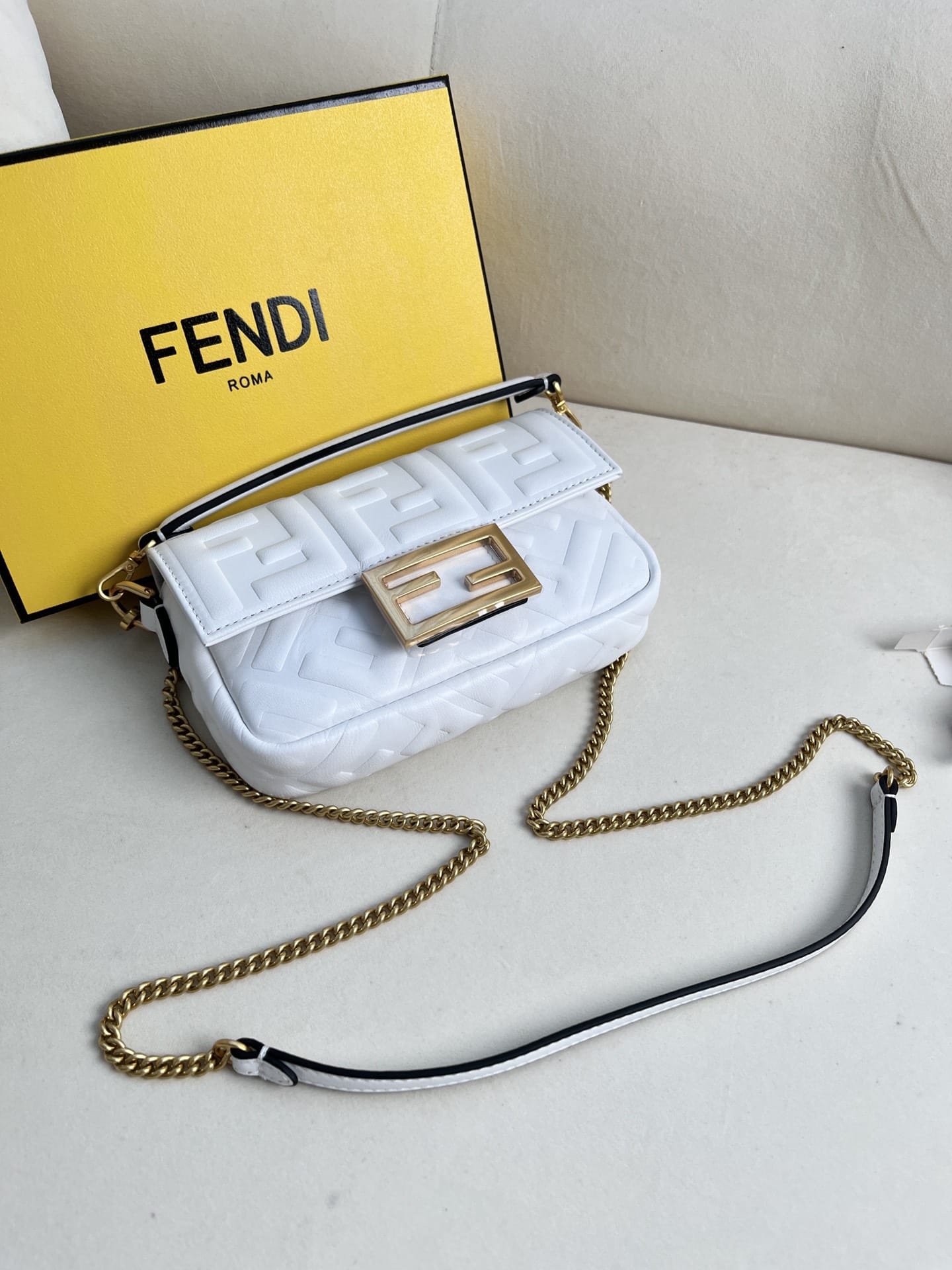 FENDI TIMELESS Baguette Mini White Nappa Leather Bag With FF Motif