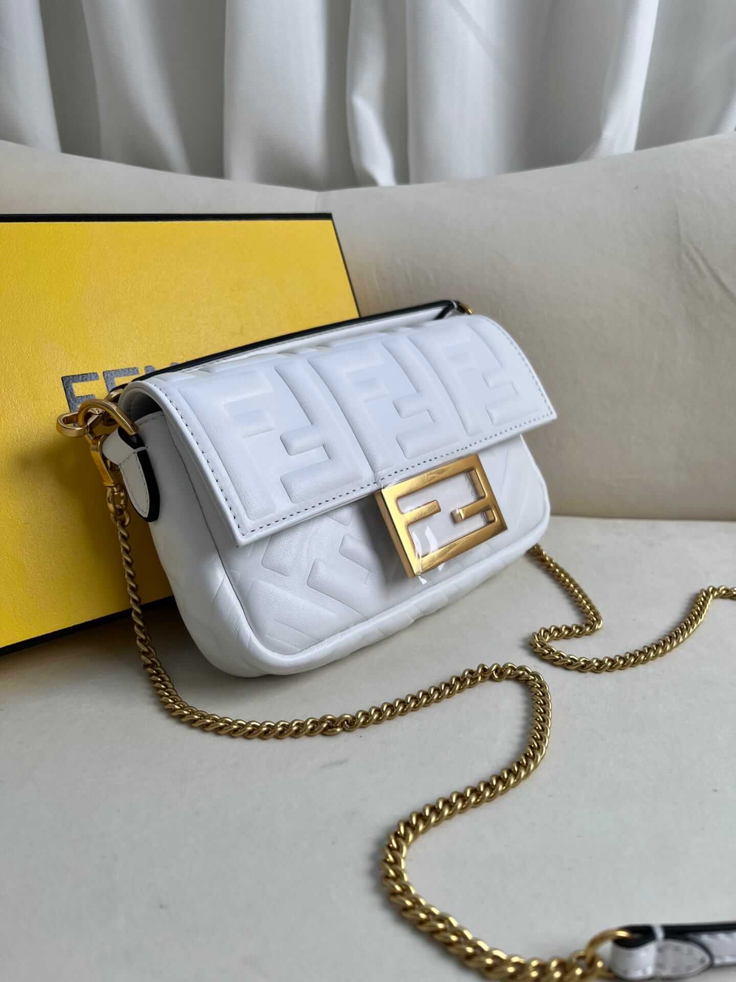 FENDI TIMELESS Baguette Mini White Nappa Leather Bag With FF Motif