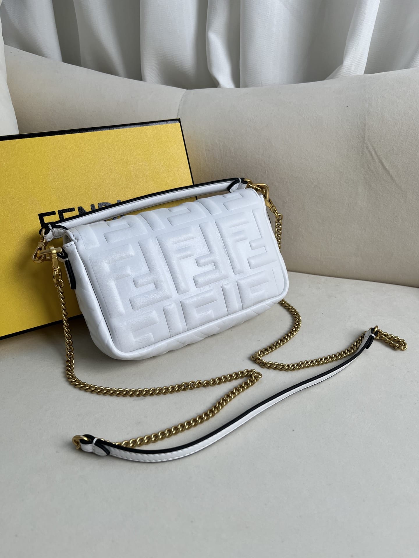 FENDI TIMELESS Baguette Mini White Nappa Leather Bag With FF Motif