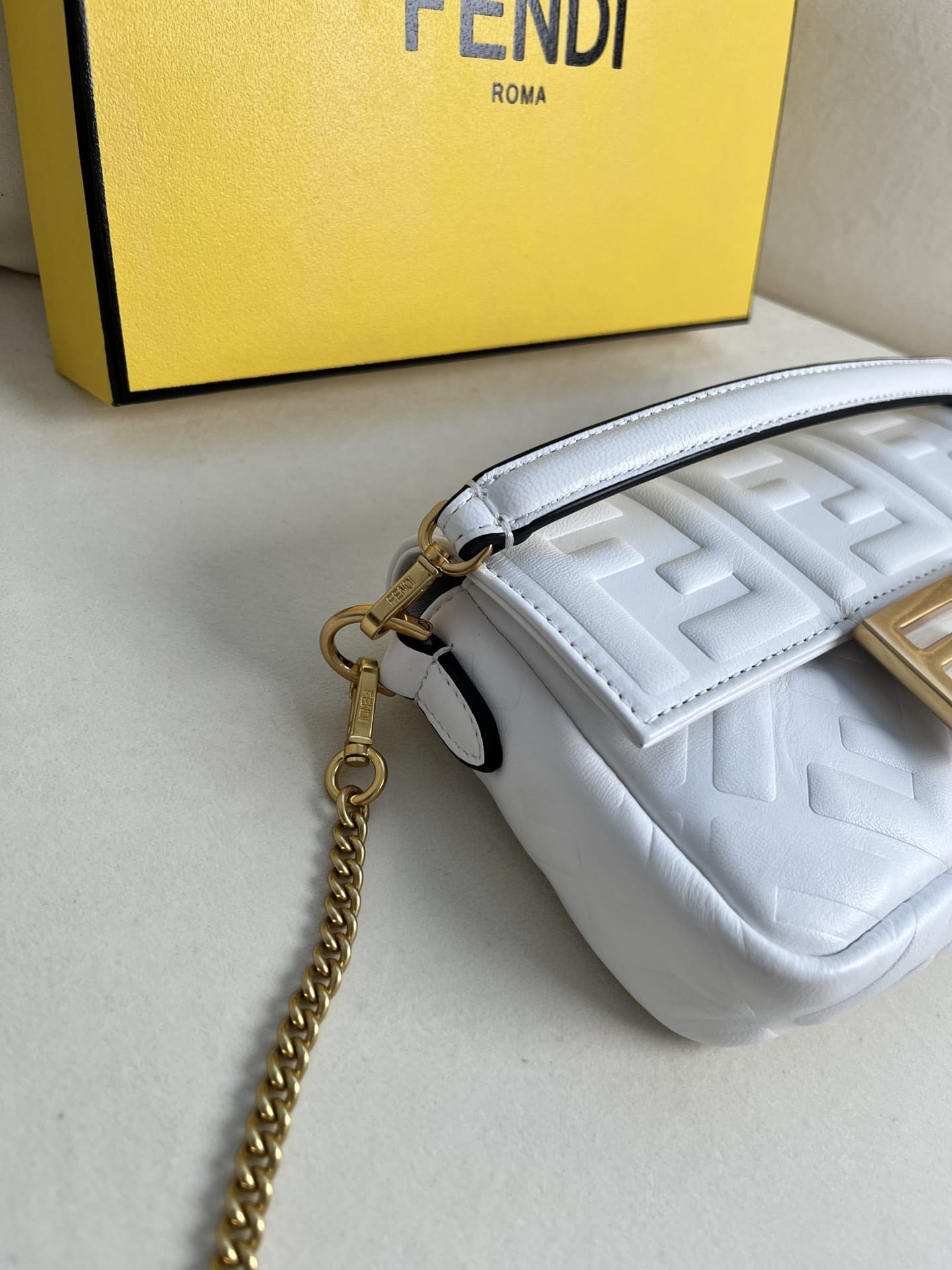 FENDI TIMELESS Baguette Mini White Nappa Leather Bag With FF Motif