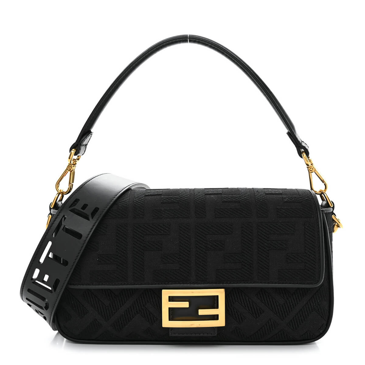 FENDI Baguette Black Canvas Shoulder Bag With FF Motif