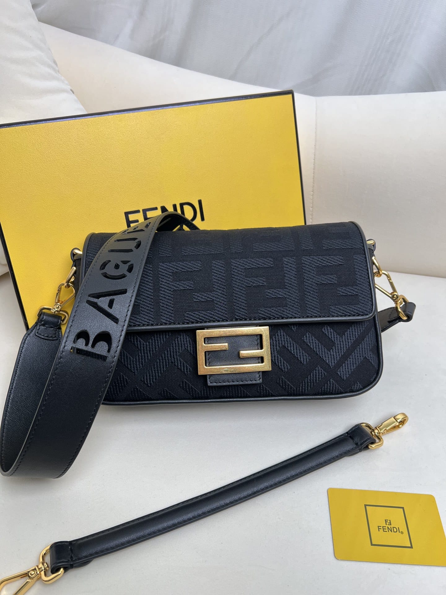 FENDI Baguette Black Canvas Shoulder Bag With FF Motif