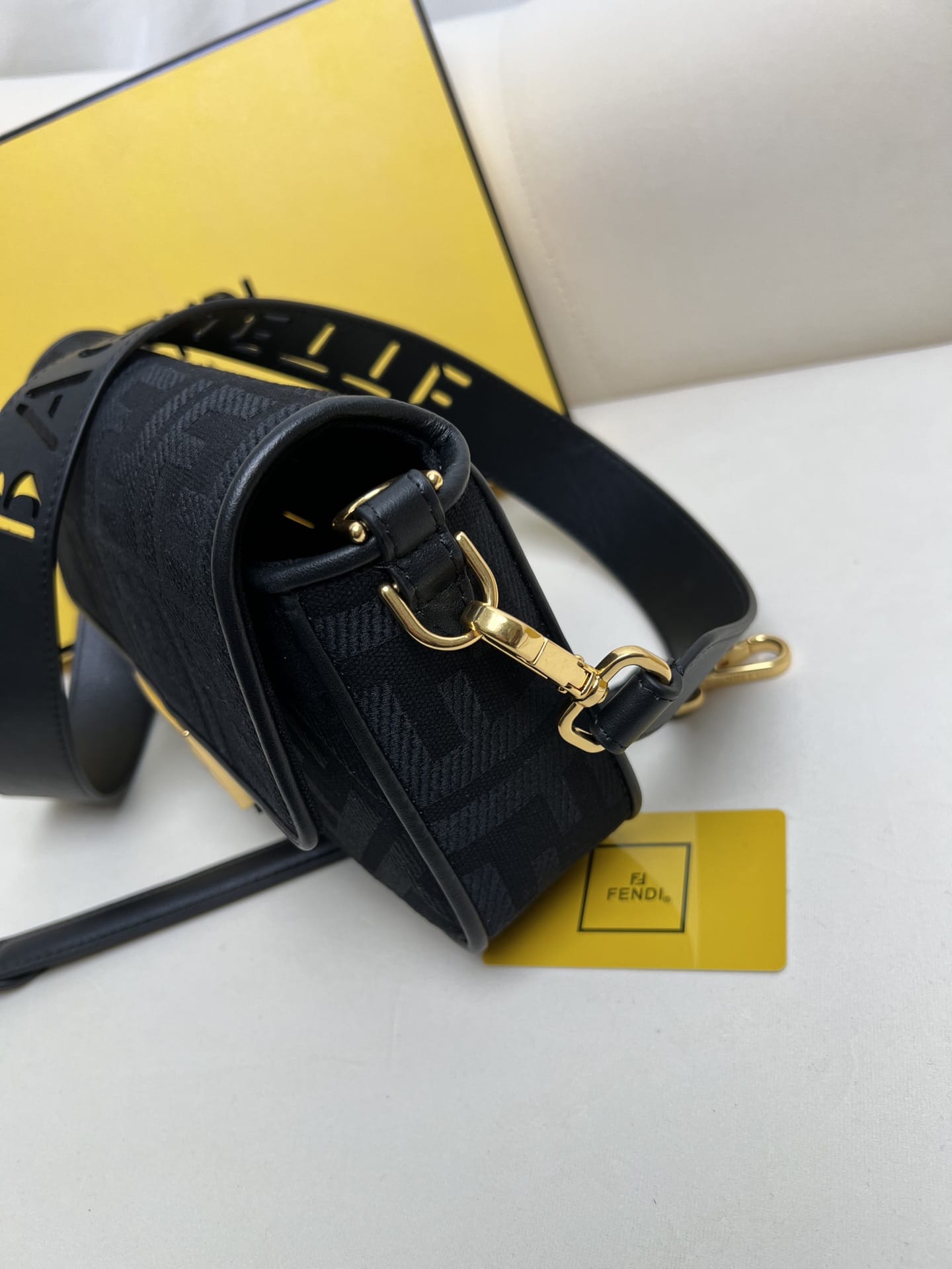 FENDI Baguette Black Canvas Shoulder Bag With FF Motif