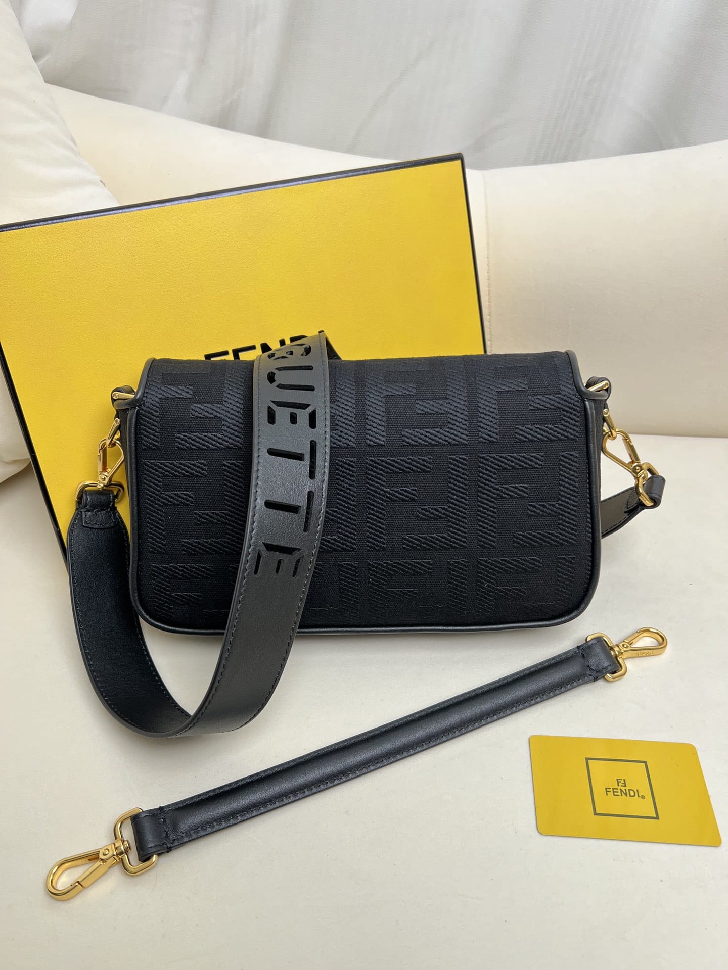 FENDI Baguette Black Canvas Shoulder Bag With FF Motif