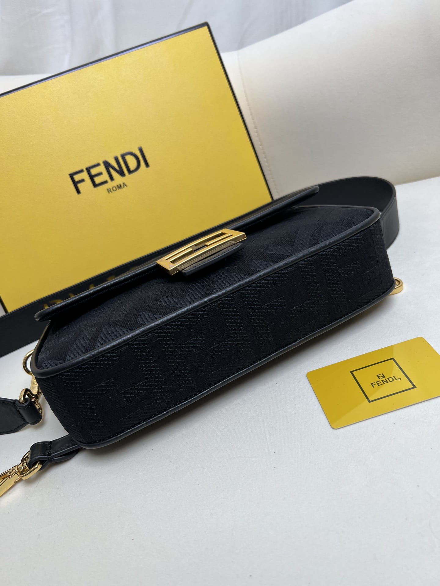 FENDI Baguette Black Canvas Shoulder Bag With FF Motif