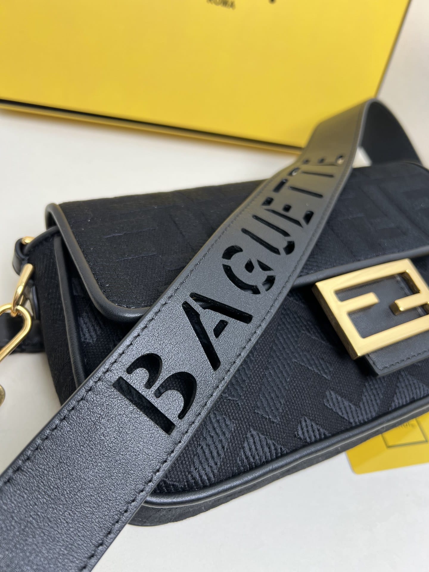 FENDI Baguette Black Canvas Shoulder Bag With FF Motif