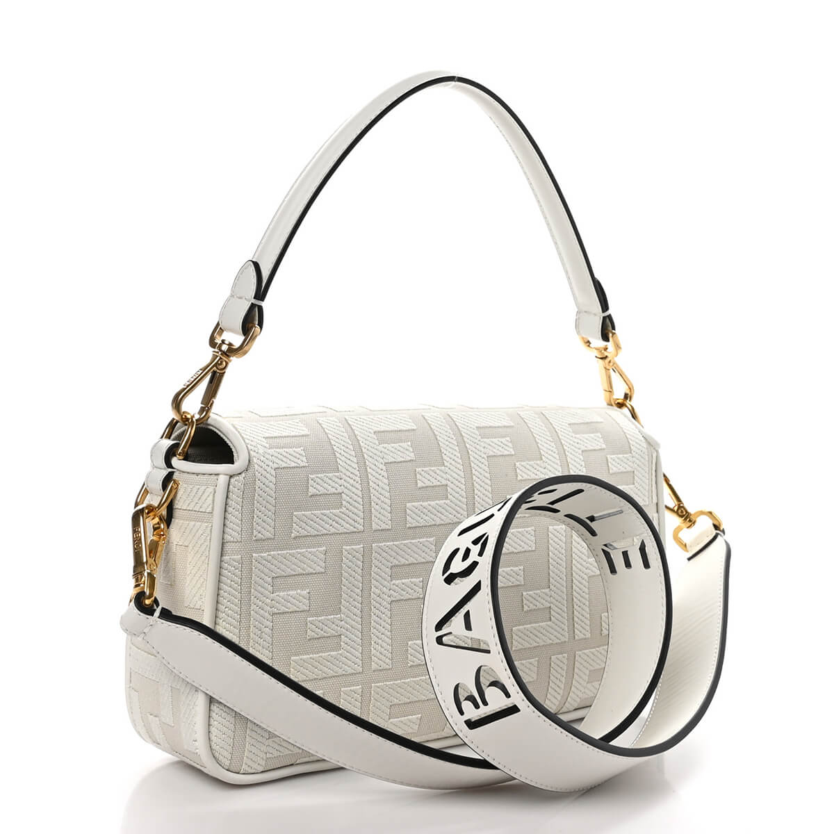 FENDI Baguette White Canvas Shoulder Bag With FF Motif