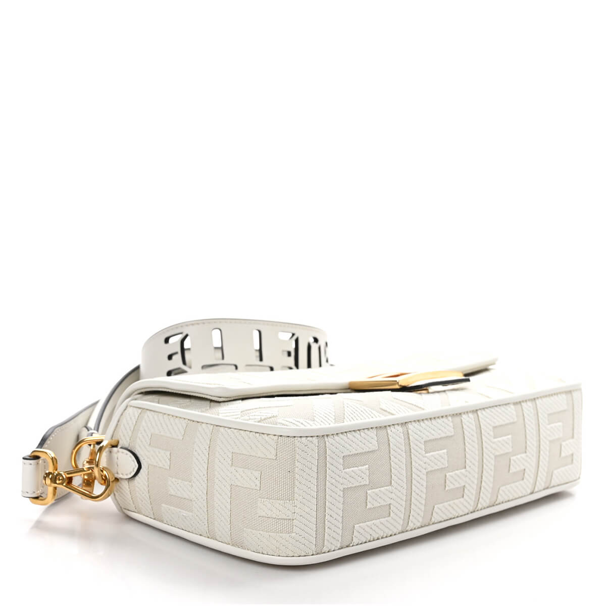 FENDI Baguette White Canvas Shoulder Bag With FF Motif