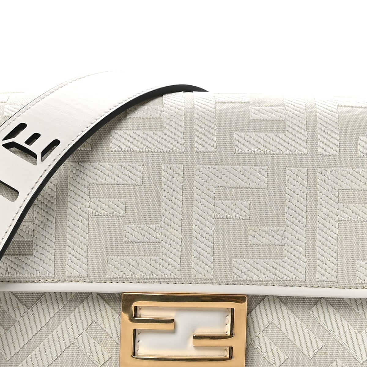 FENDI Baguette White Canvas Shoulder Bag With FF Motif