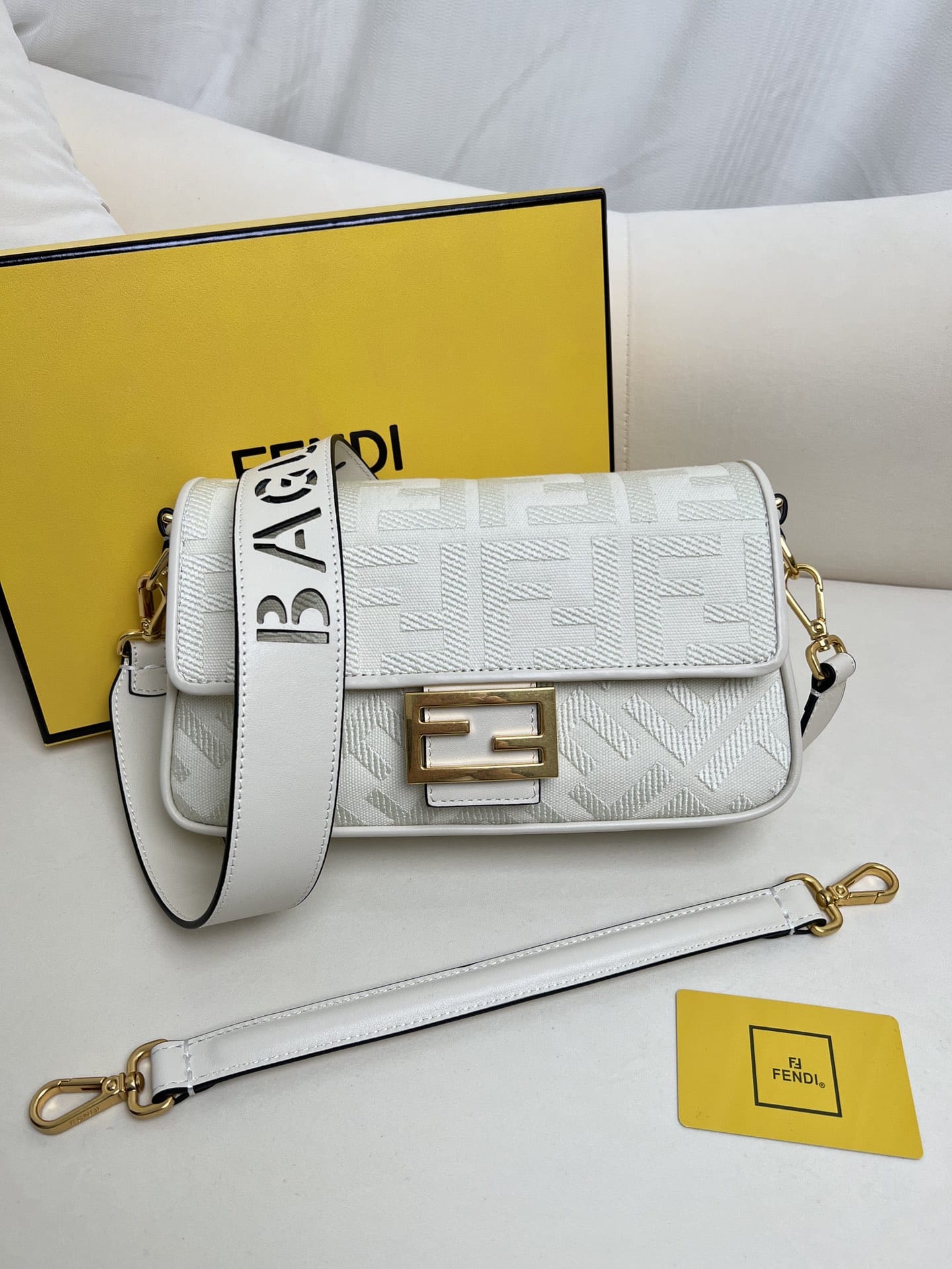 FENDI Baguette White Canvas Shoulder Bag With FF Motif