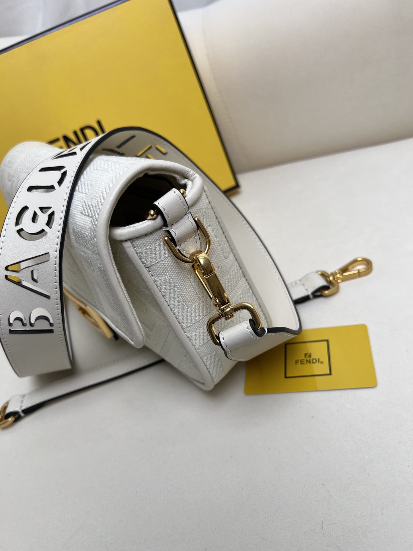 FENDI Baguette White Canvas Shoulder Bag With FF Motif