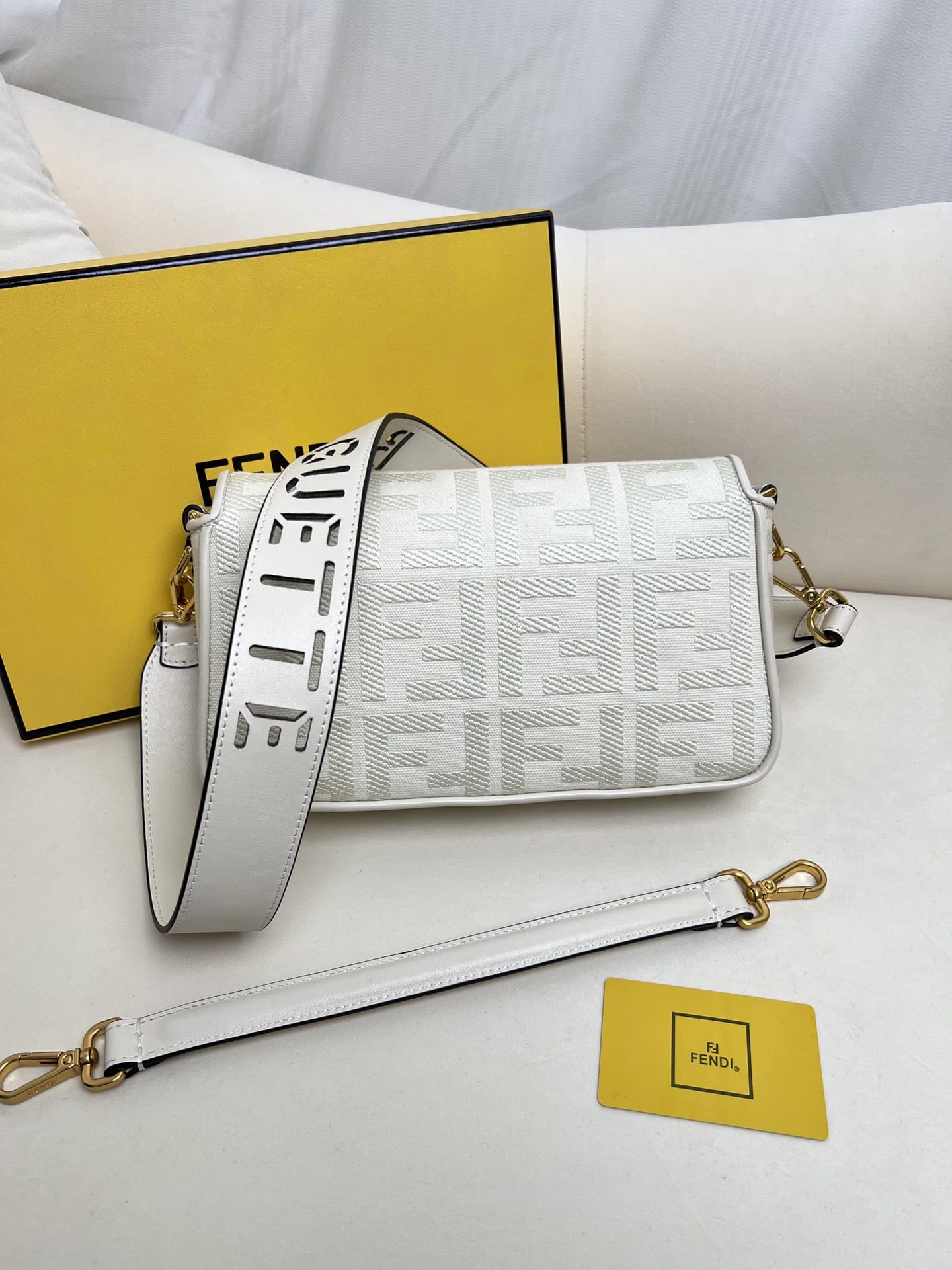 FENDI Baguette White Canvas Shoulder Bag With FF Motif