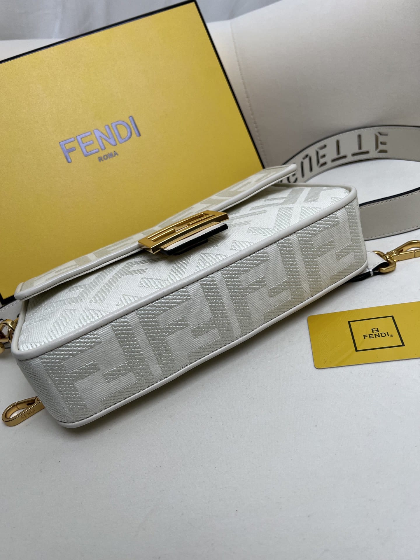 FENDI Baguette White Canvas Shoulder Bag With FF Motif