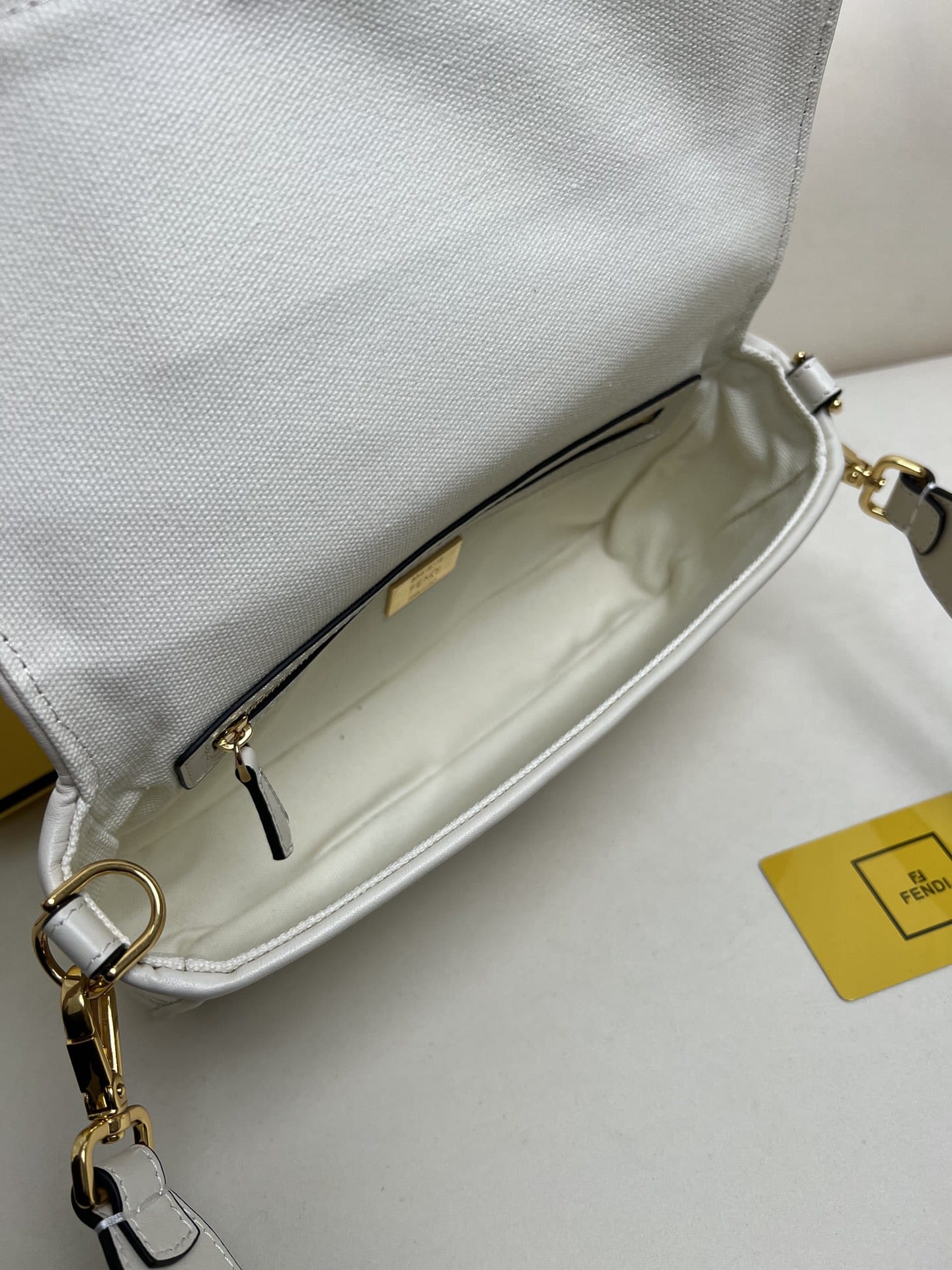 FENDI Baguette White Canvas Shoulder Bag With FF Motif