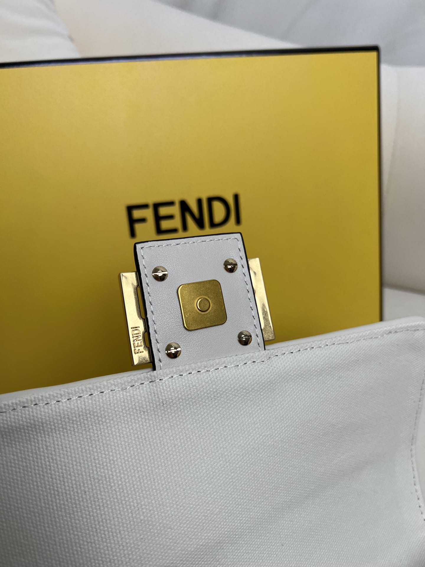 FENDI Baguette White Canvas Shoulder Bag With FF Motif