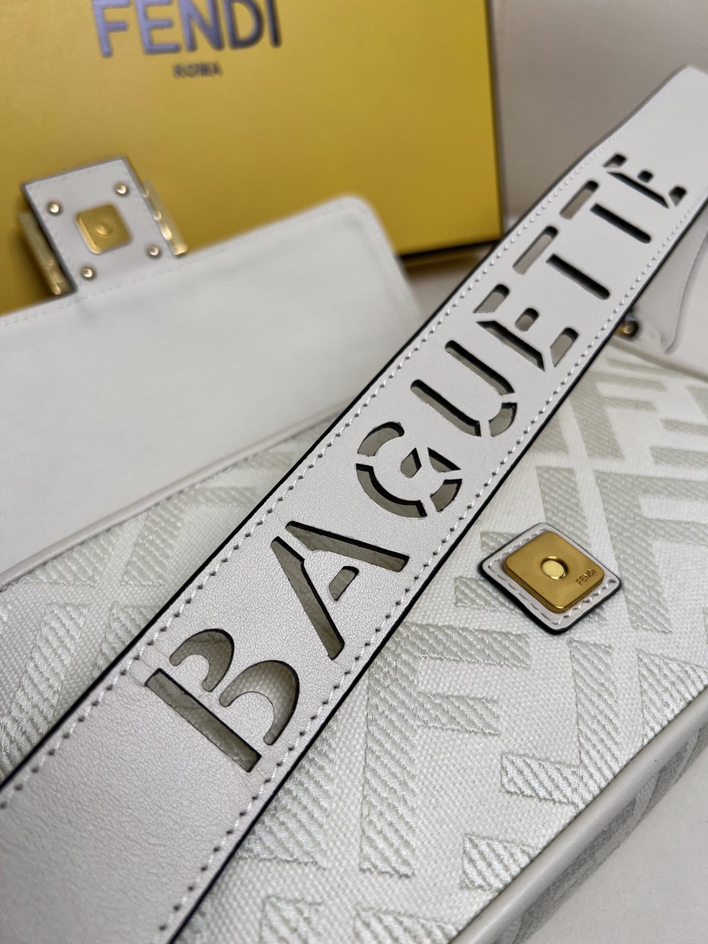 FENDI Baguette White Canvas Shoulder Bag With FF Motif